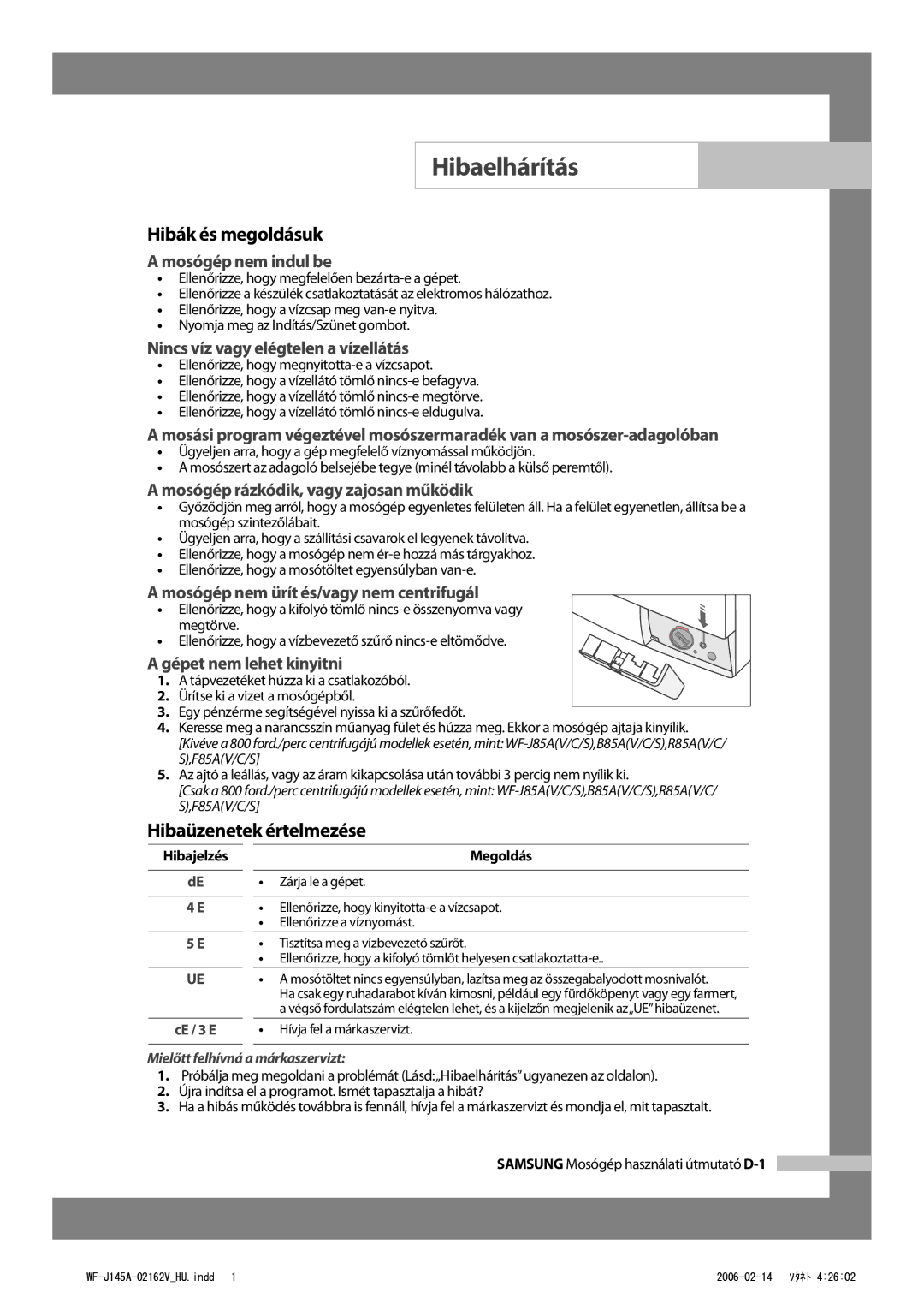 Samsung WF-B105AV/XEH manual Hibaelhárítás, Hibák és megoldásuk, Hibaüzenetek értelmezése 