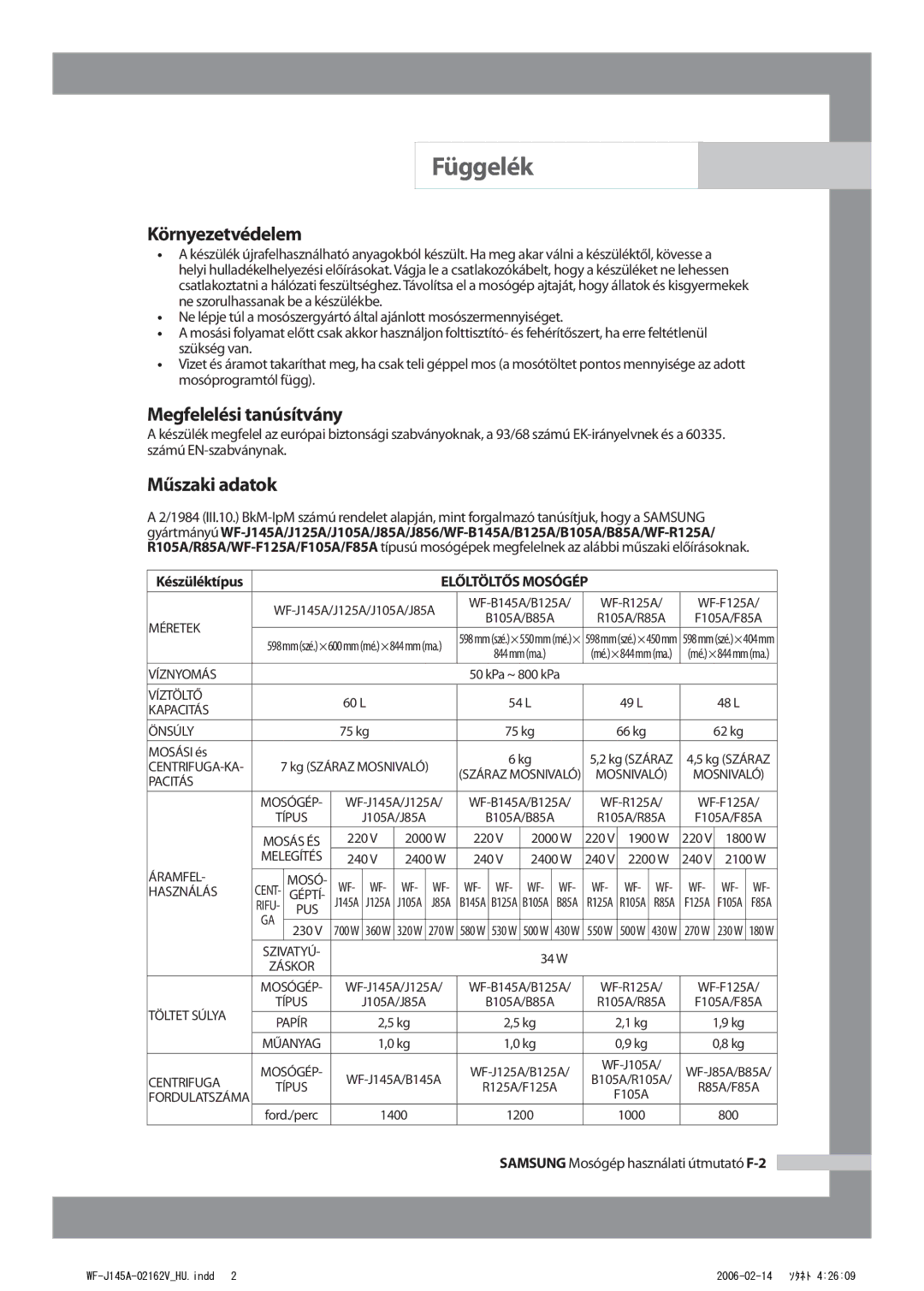 Samsung WF-B105AV/XEH Környezetvédelem, Megfelelési tanúsítvány, Műszaki adatok, Samsung Mosógép használati útmutató F-2 