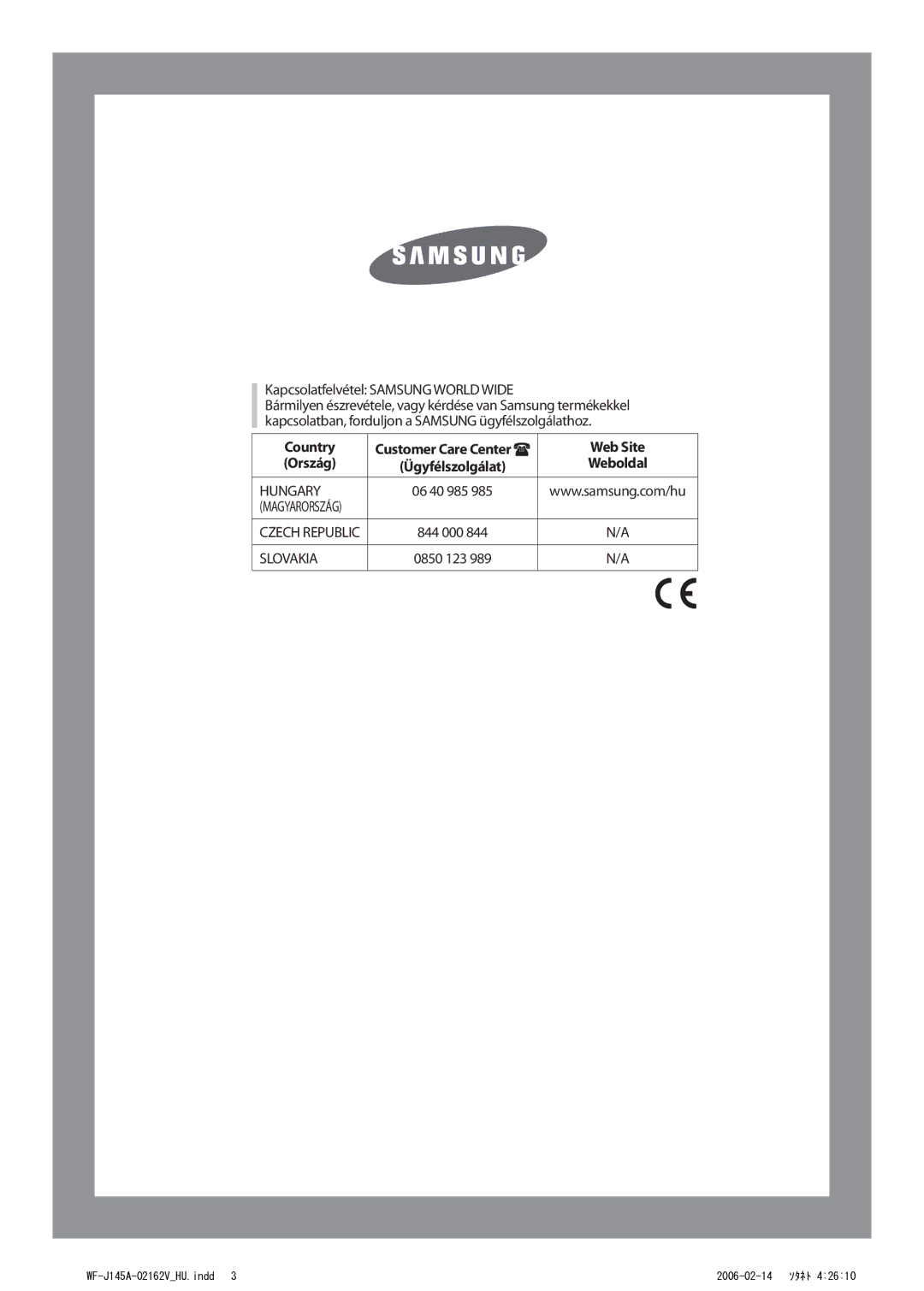 Samsung WF-B105AV/XEH manual Kapcsolatfelvétel Samsung World Wide, Country, Web Site, Ország Ügyfélszolgálat 