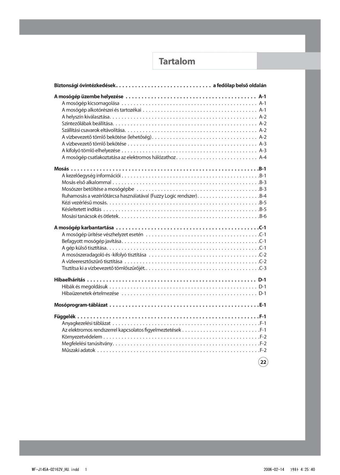 Samsung WF-B105AV/XEH manual Tartalom 