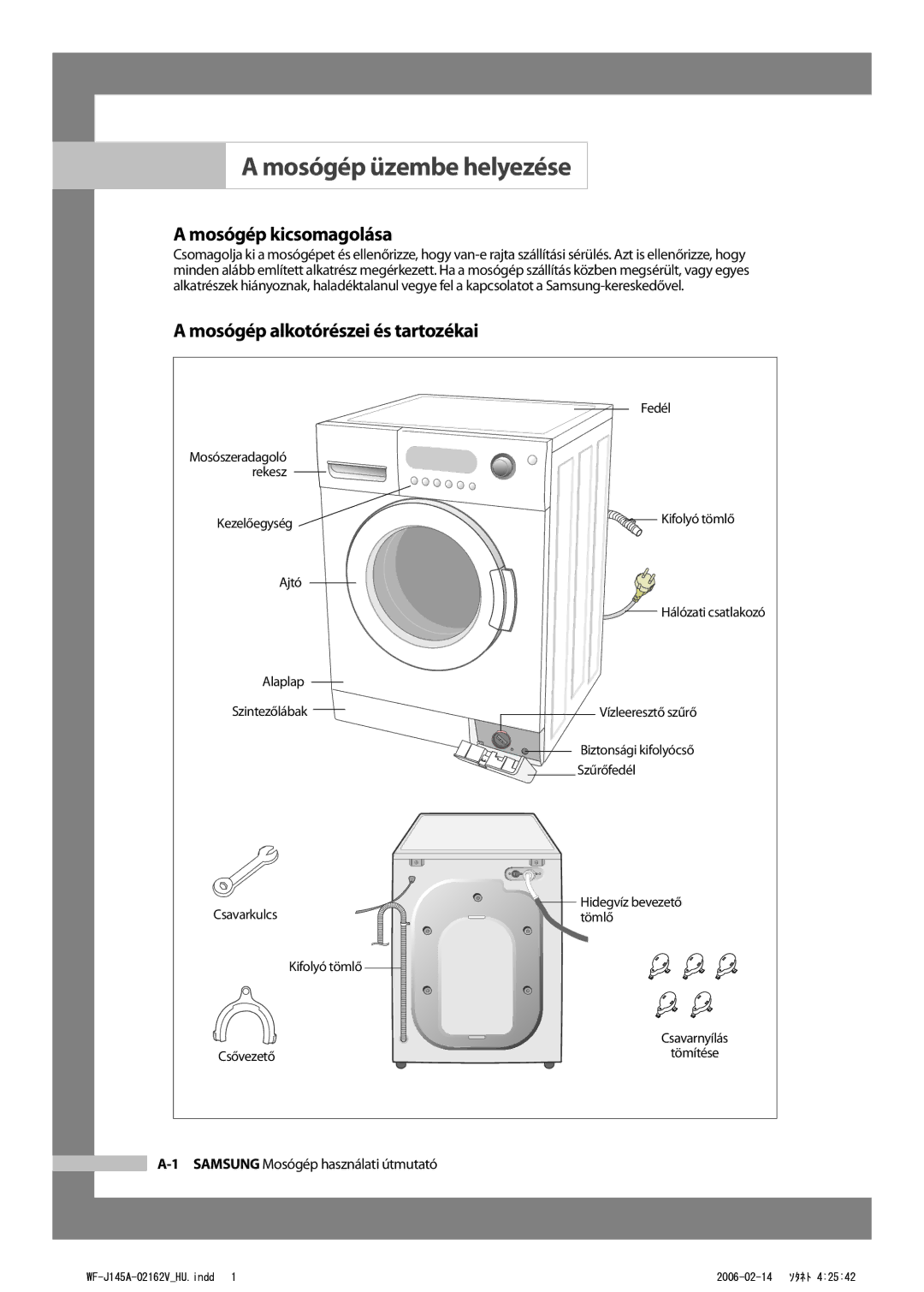 Samsung WF-B105AV/XEH manual Mosógép kicsomagolása, Mosógép alkotórészei és tartozékai, Samsung Mosógép használati útmutató 