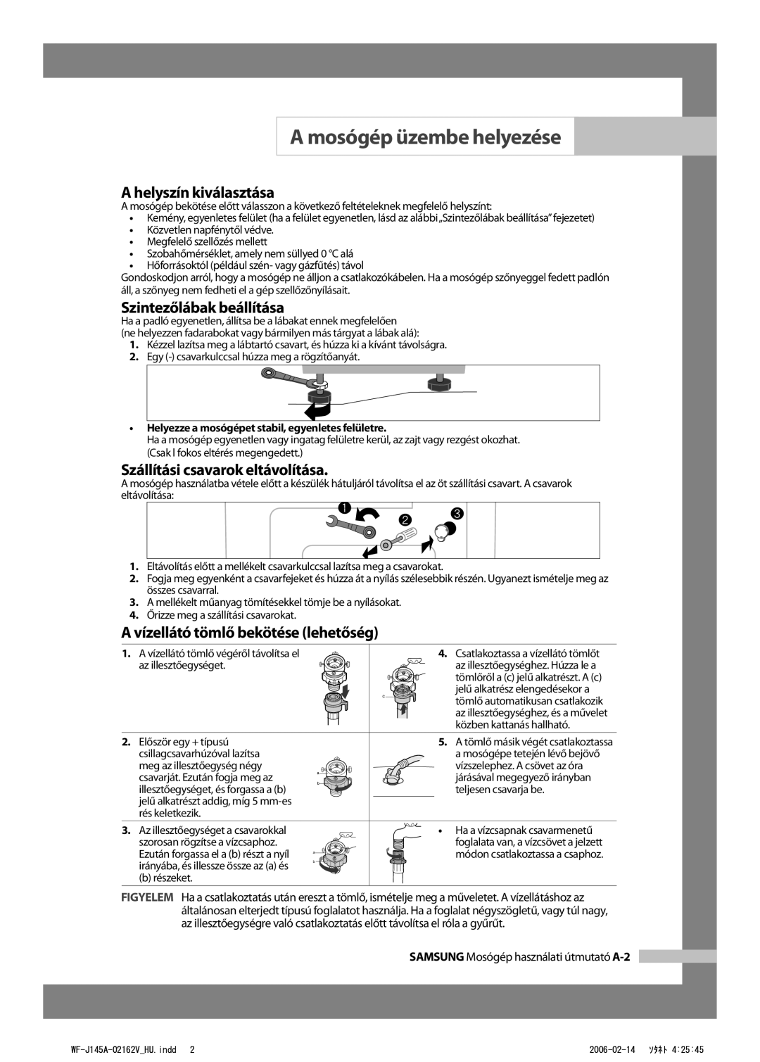 Samsung WF-B105AV/XEH manual Mosógép üzembe helyezése, Helyszín kiválasztása, Szintezőlábak beállítása 