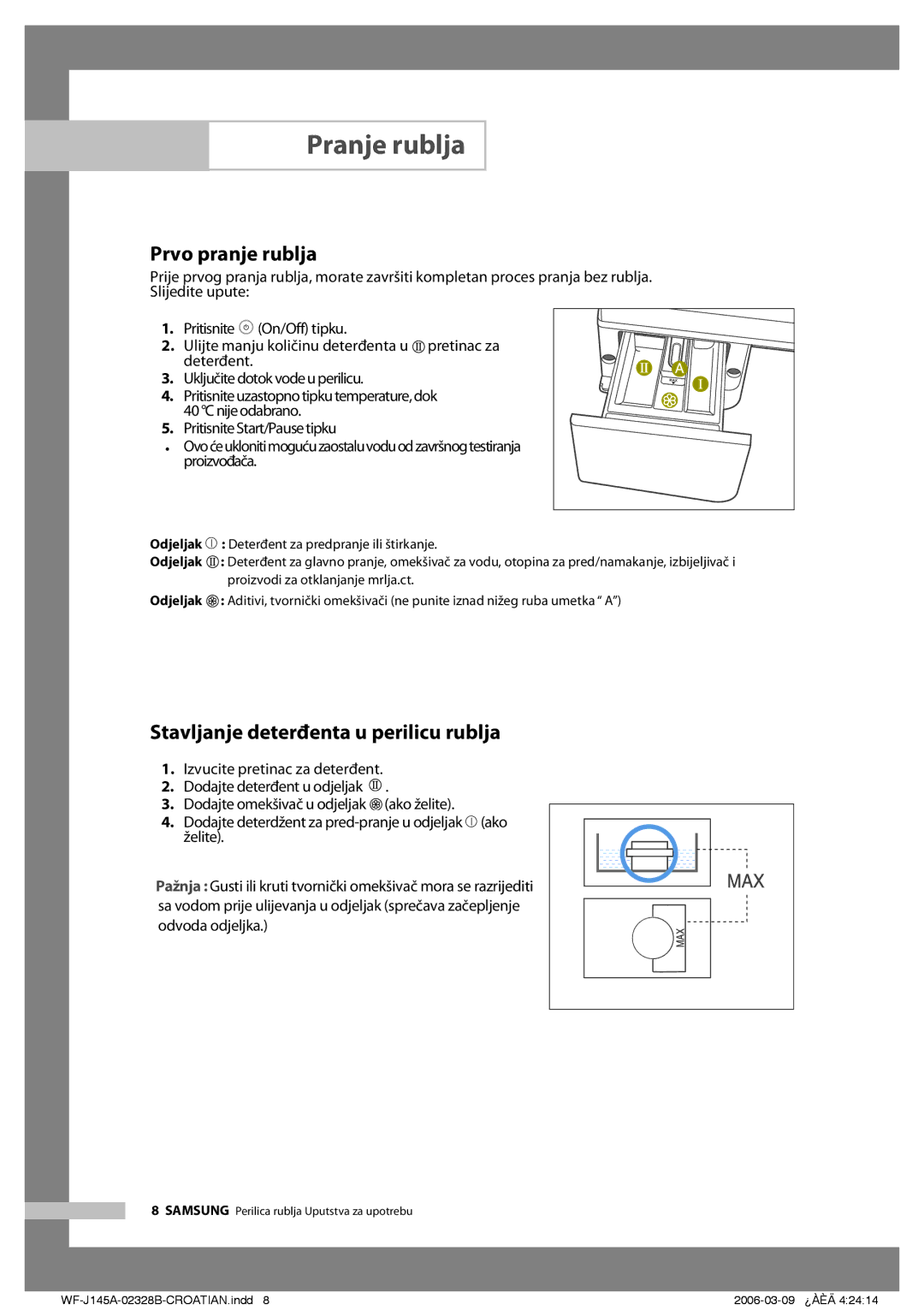 Samsung WF-B105AV/YLG manual Prvo pranje rublja, Stavljanje deterđenta u perilicu rublja 