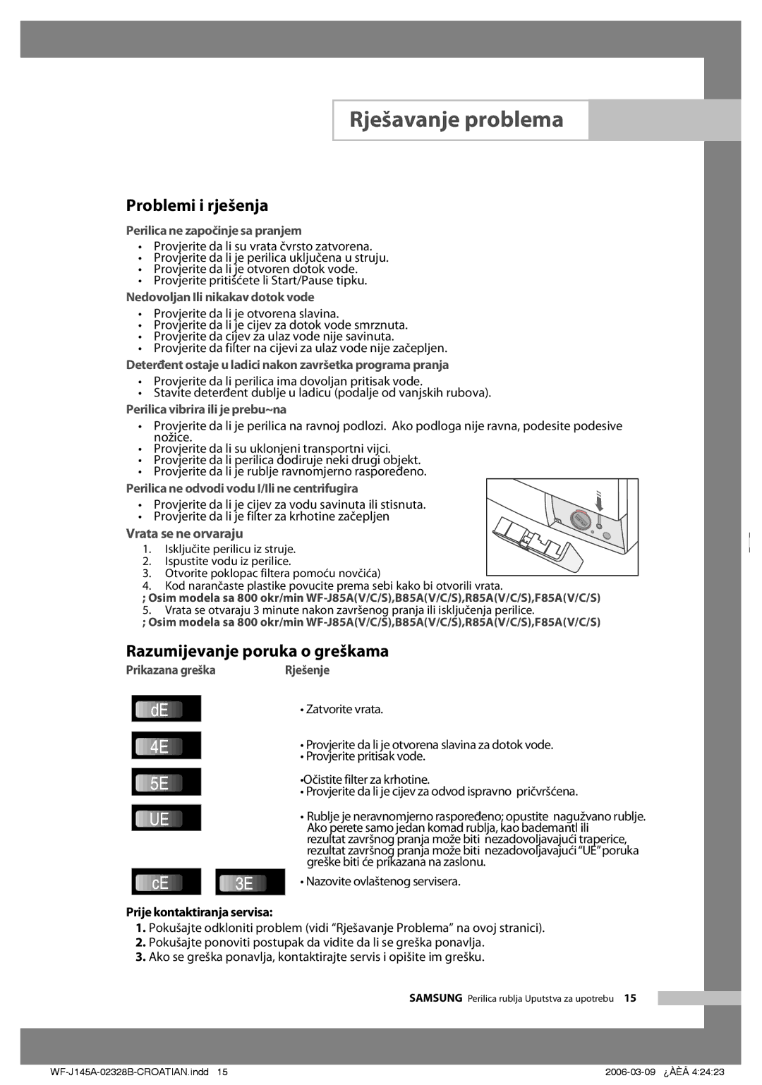 Samsung WF-B105AV/YLG manual Rješavanje problema, Problemi i rješenja, Razumijevanje poruka o greškama 