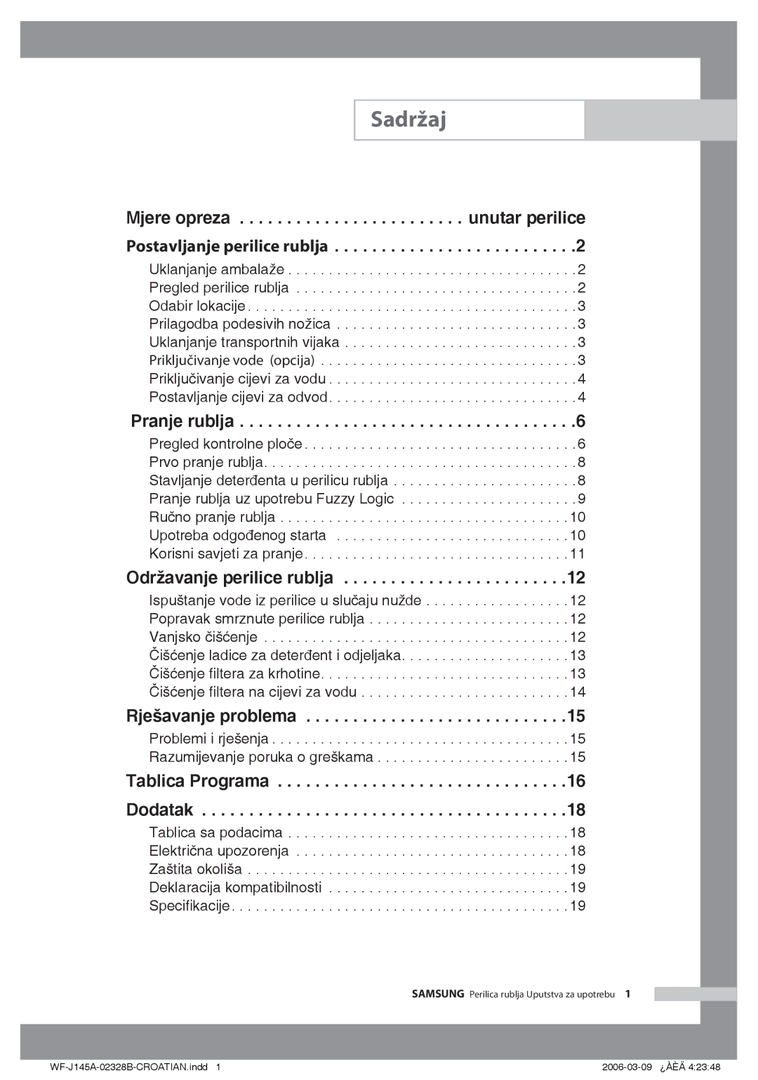 Samsung WF-B105AV/YLG manual Sadržaj, Pranje rublja 