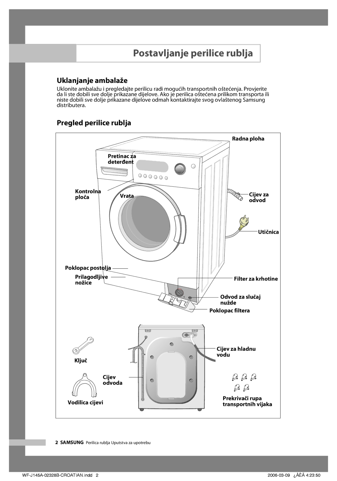 Samsung WF-B105AV/YLG manual Postavljanje perilice rublja, Uklanjanje ambalaže, Pregled perilice rublja 