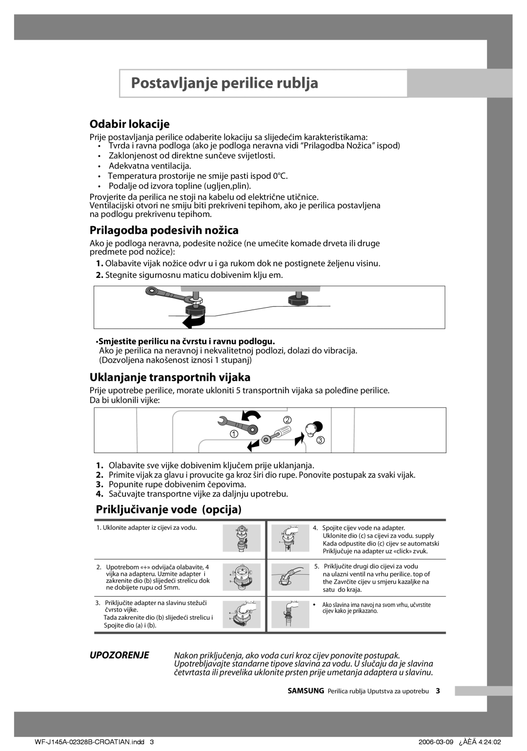 Samsung WF-B105AV/YLG manual Odabir lokacije, Prilagodba podesivih nožica, Uklanjanje transportnih vijaka 