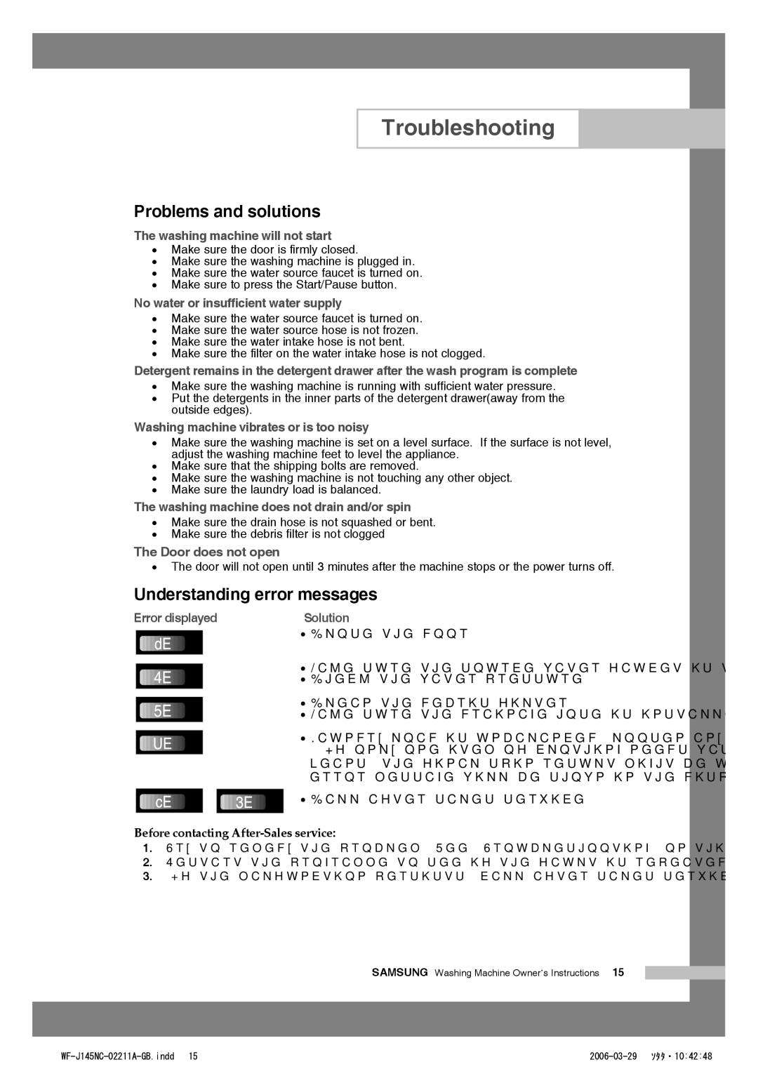 Samsung WF-B125N(V/C/S) Troubleshooting, Problems and solutions, Understanding error messages, Call after-sales service 