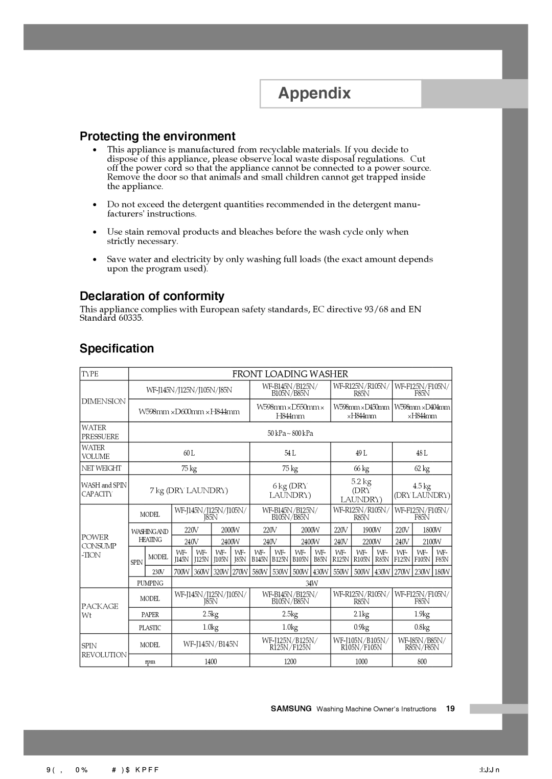 Samsung WF-B125N(V/C/S), WF-B105N(V/C/S) manual Protecting the environment, Declaration of conformity, Specification 