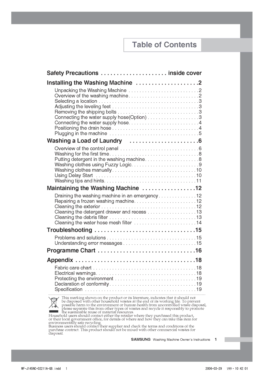 Samsung WF-B145N(V/C/S), WF-B105N(V/C/S), WF-B125N(V/C/S), WF-B85N(V/C/S) manual Table of Contents 