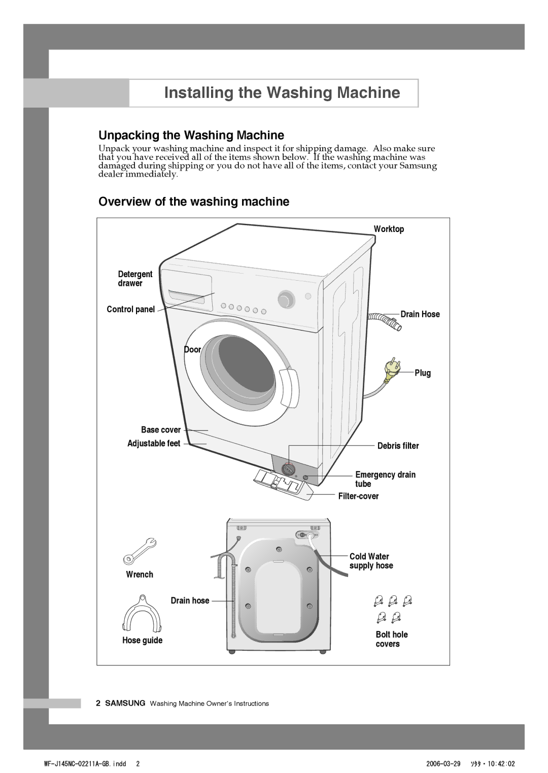 Samsung WF-B105N(V/C/S) Installing the Washing Machine, Unpacking the Washing Machine, Overview of the washing machine 