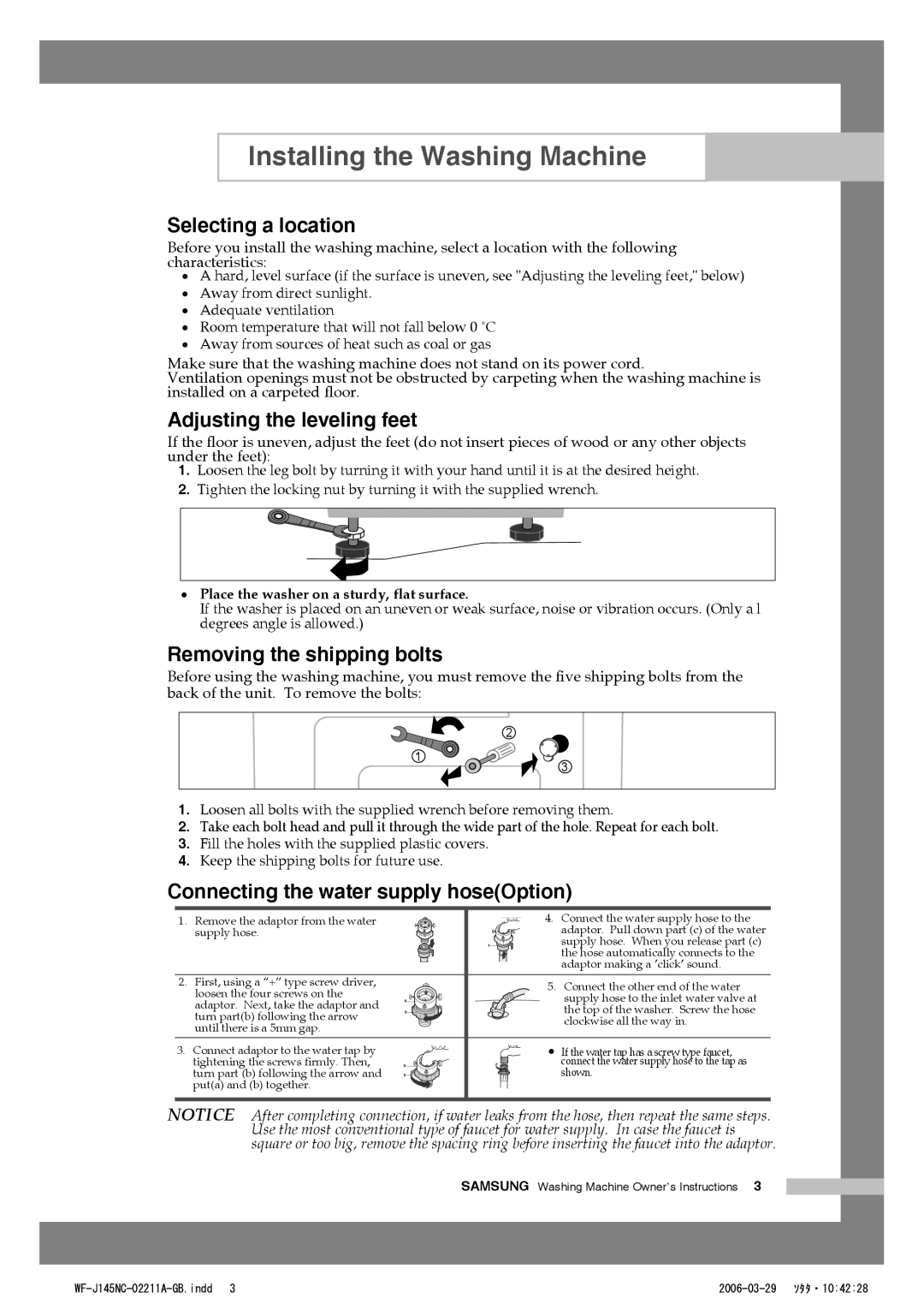 Samsung WF-B125N(V/C/S), WF-B105N(V/C/S) Selecting a location, Adjusting the leveling feet, Removing the shipping bolts 