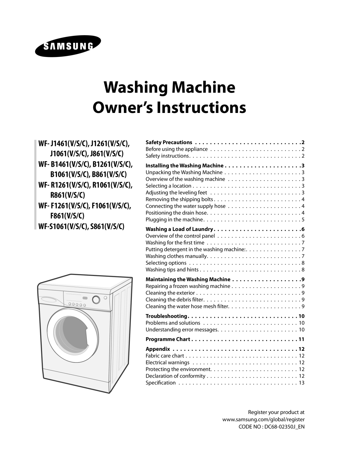 Samsung WF-B1061EW/YAK, WF-B1061F/YL, WF-B1061GW/YNQ, WF-B1061EW/XSG manual Washing Machine Owner’s Instructions 