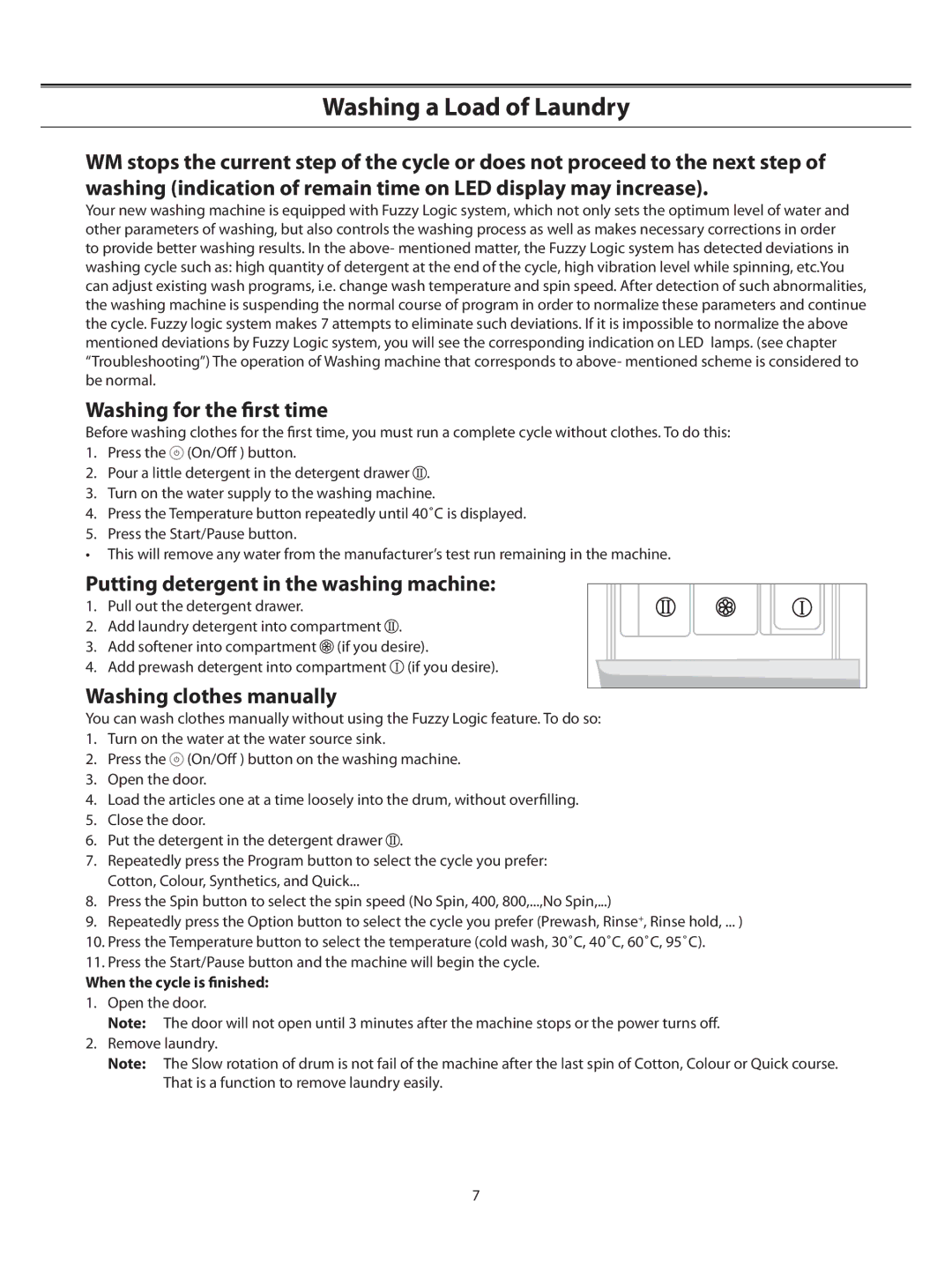 Samsung WF-B1061EW/YAK Washing for the ﬁrst time, Putting detergent in the washing machine, Washing clothes manually 