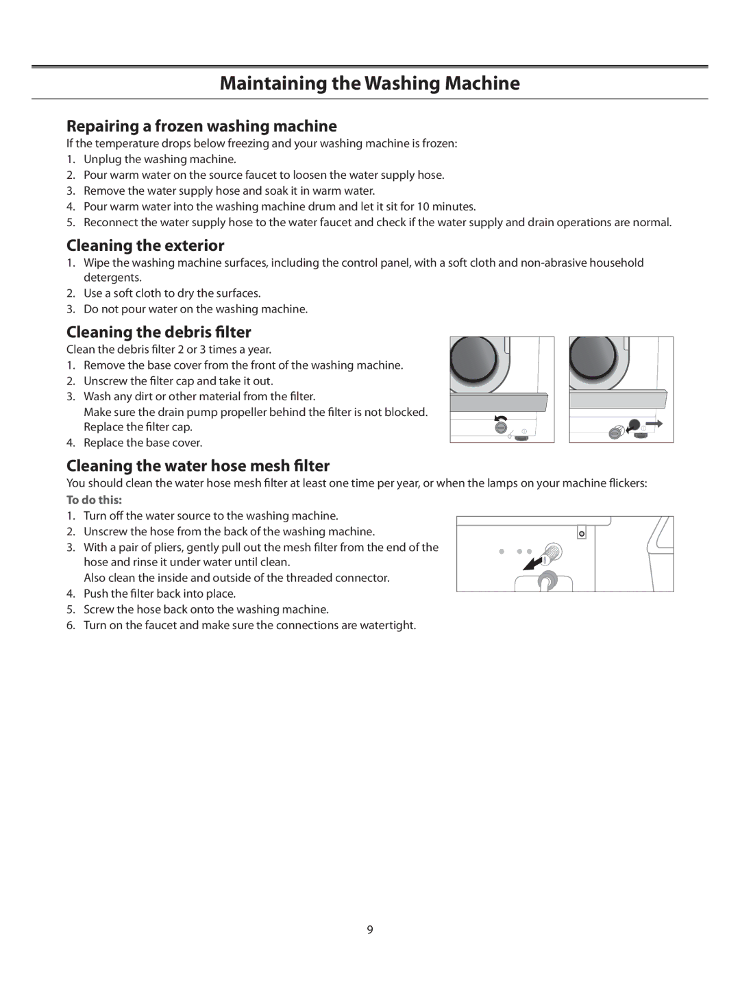 Samsung WF-B1061EW/XSG manual Maintaining the Washing Machine, Repairing a frozen washing machine, Cleaning the exterior 