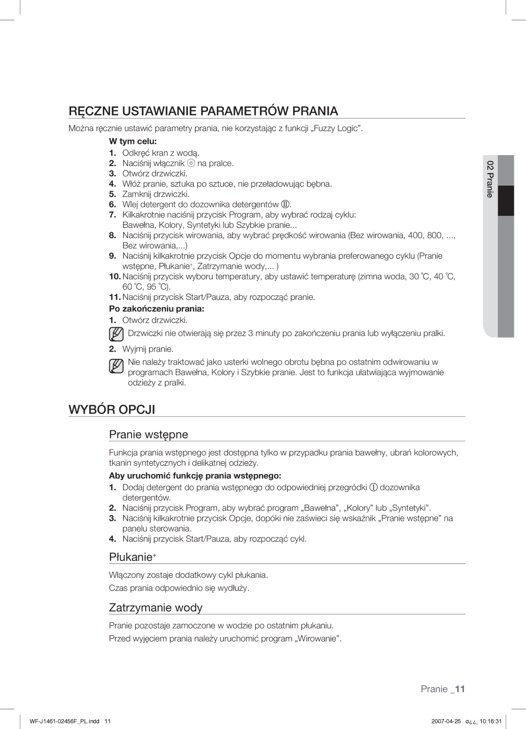 Samsung WF-B1061GW/XEO, WF-B1061GW/XEH manual Ręczne Ustawianie Parametrów Prania, Wybór Opcji, Po zakończeniu prania 