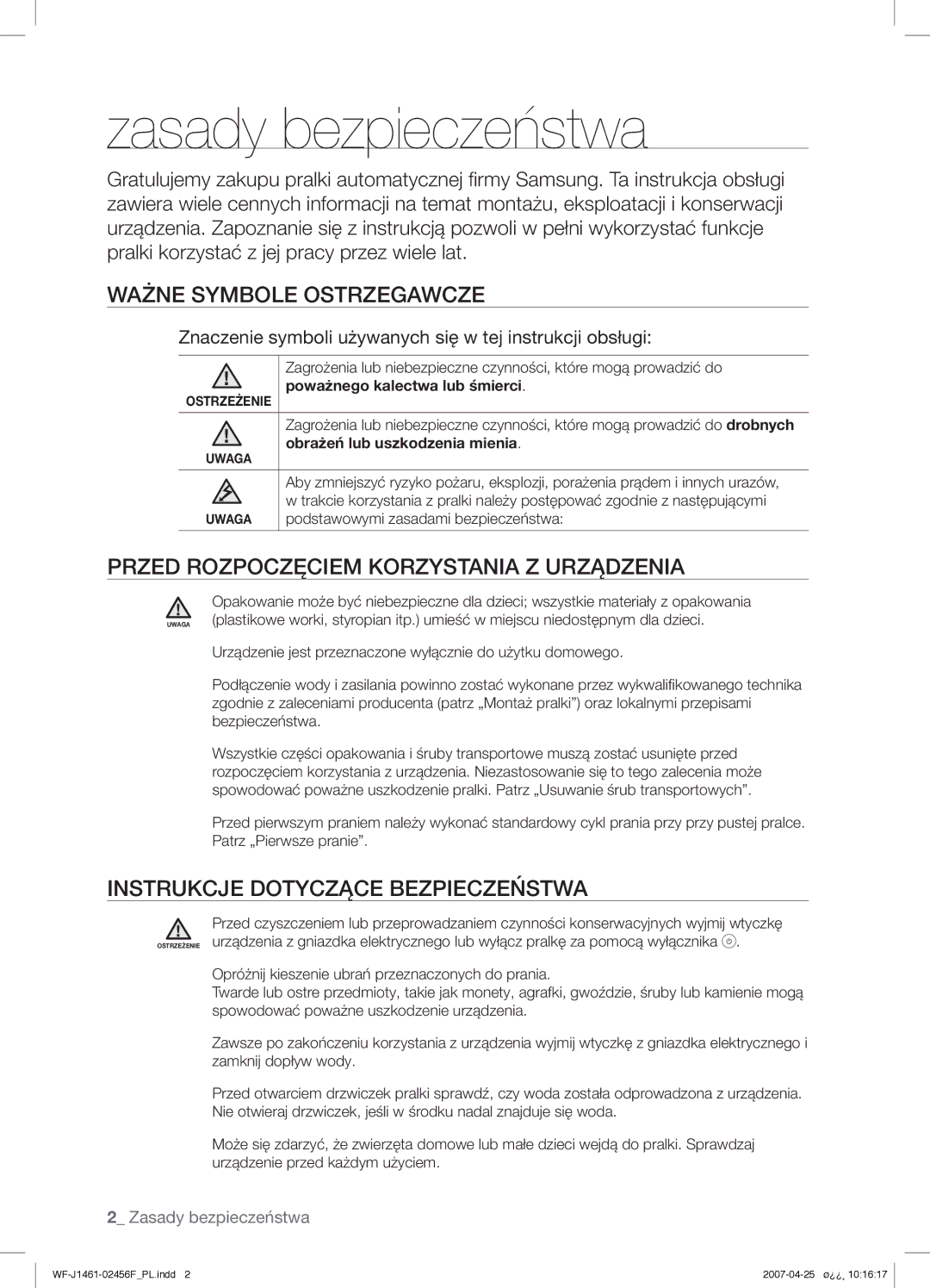 Samsung WF-B1061GW/XEH Zasady bezpieczeństwa, Ważne Symbole Ostrzegawcze, Przed Rozpoczęciem Korzystania Z Urządzenia 