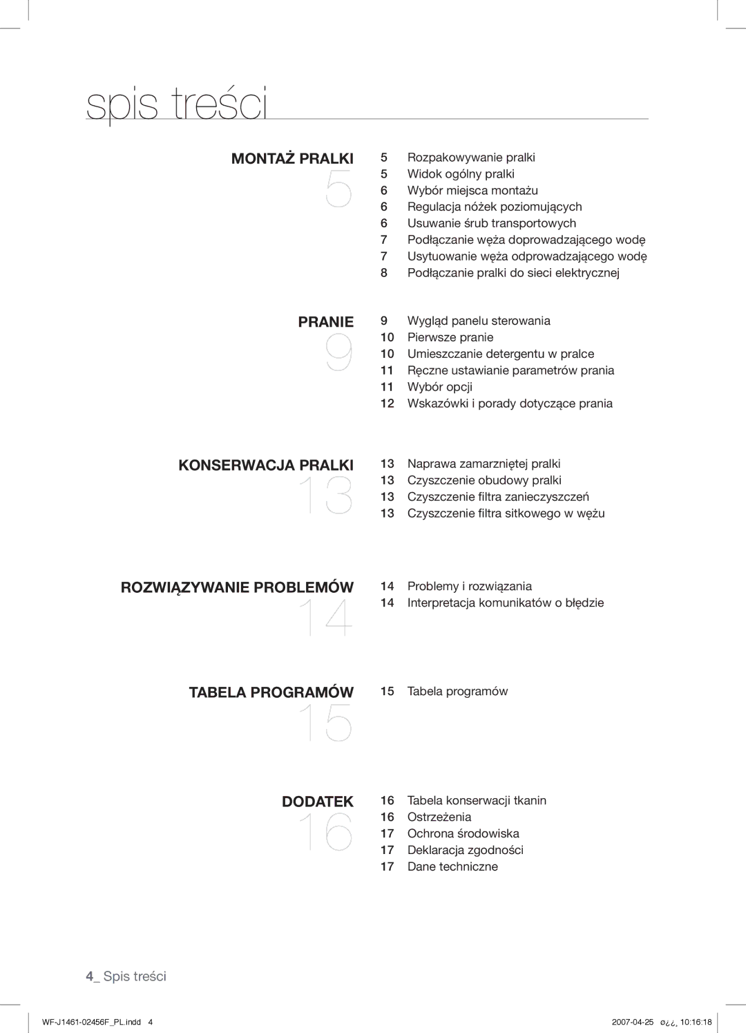 Samsung WF-B1061GW/XEH, WF-B1061GW/XEO manual Spis treści, Montaż Pralki 