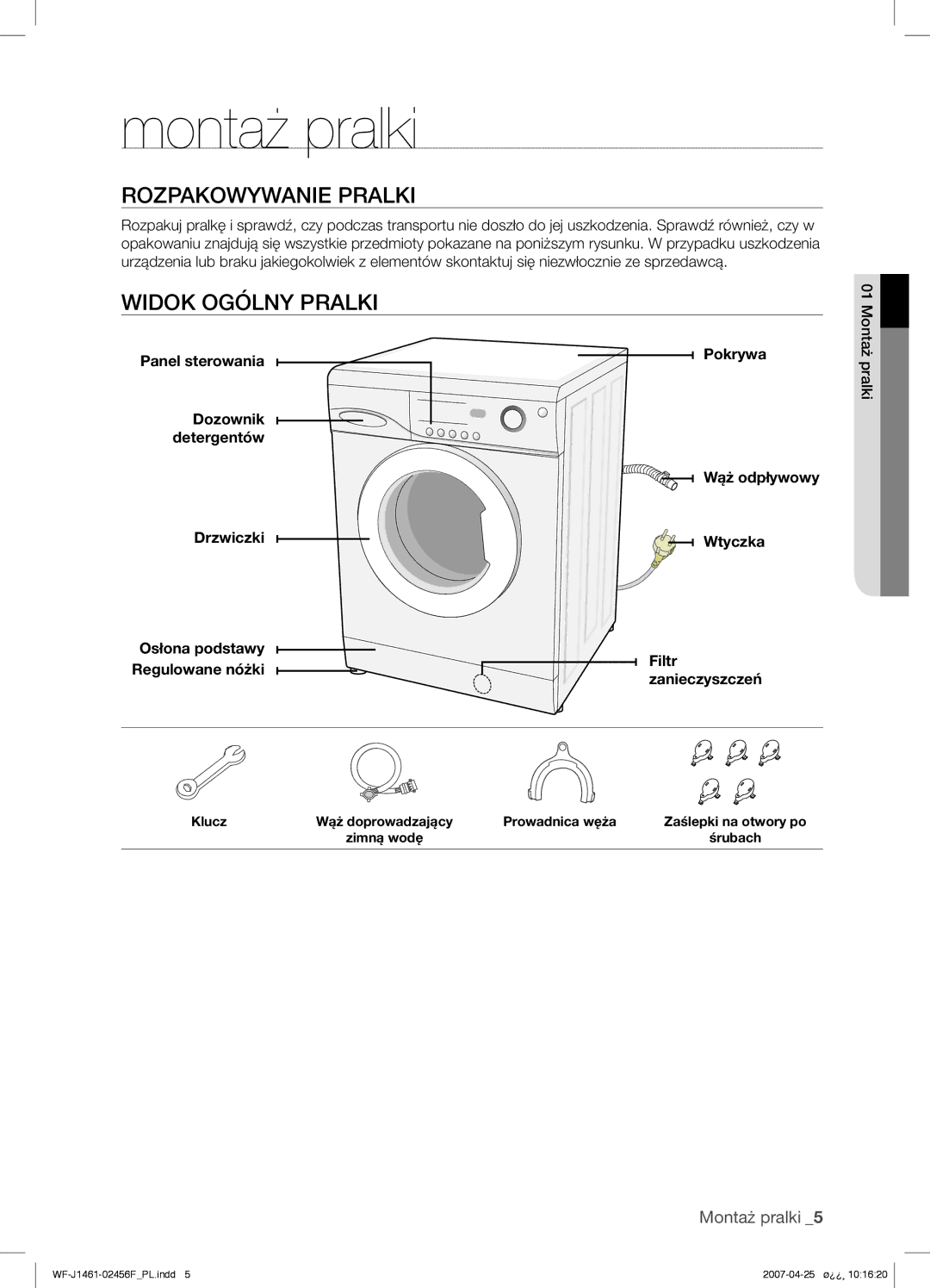 Samsung WF-B1061GW/XEO, WF-B1061GW/XEH manual Montaż pralki, Rozpakowywanie Pralki, Widok Ogólny Pralki 