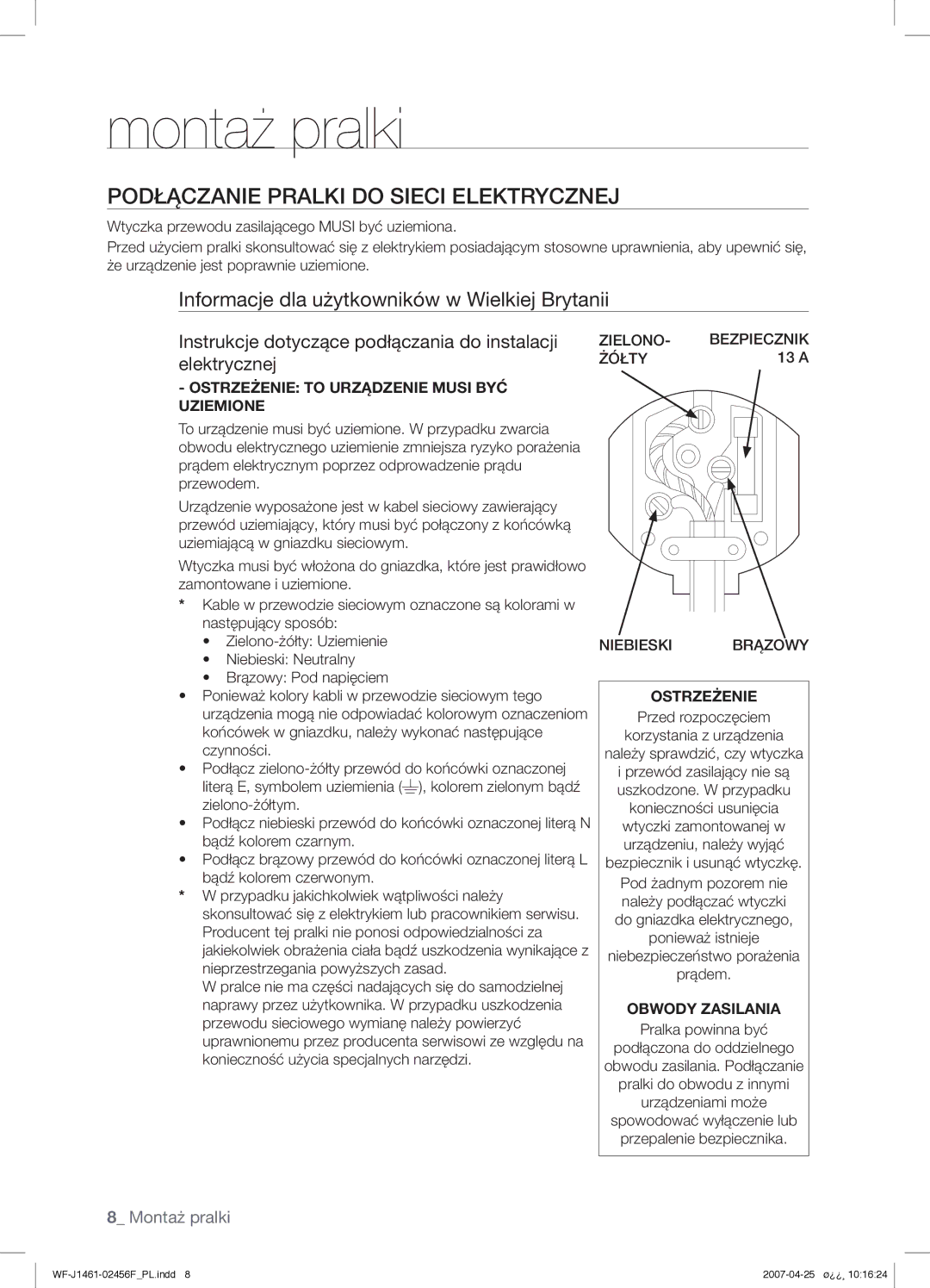 Samsung WF-B1061GW/XEH manual Podłączanie Pralki do Sieci Elektrycznej, Informacje dla użytkowników w Wielkiej Brytanii 