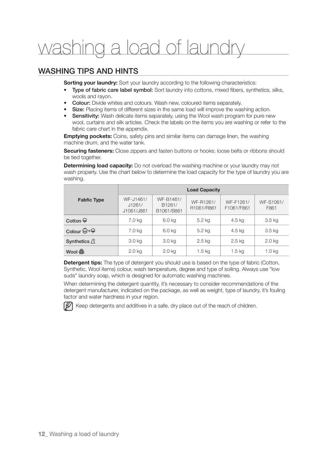 Samsung WF-B1061/YLR, WF-B1061GW/XEH, WF-B1061GW/YLE, WF-B1061GW/XEO manual Washing Tips and Hints, Load Capacity Fabfic Type 