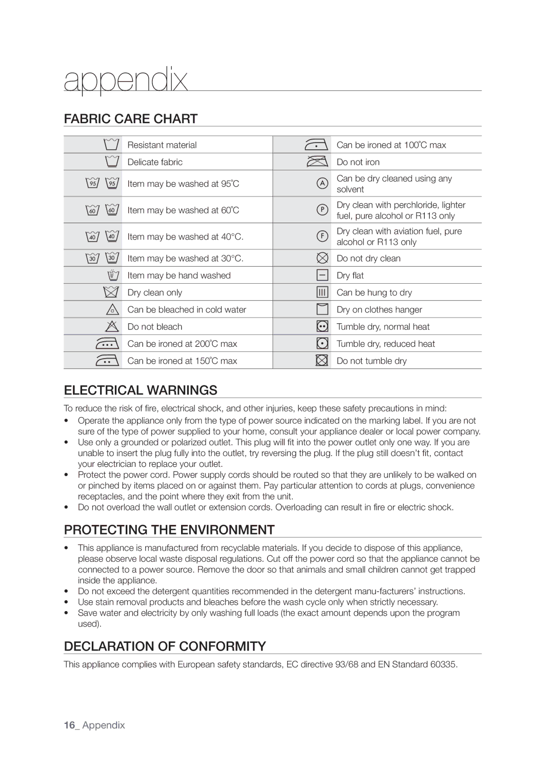 Samsung WF-B1061/YLR, WF-B1061GW/XEH manual Appendix, Fabric Care Chart, Electrical Warnings, Protecting the Environment 