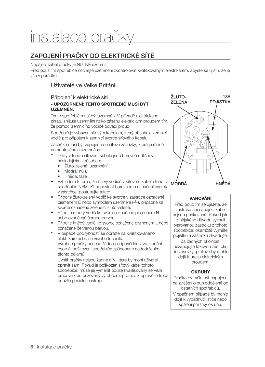 Samsung WF-B1061GW/XEO, WF-B1061/YLR Zapojení Pračky do Elektrické Sítě, Uživatelé ve Velké Británii, Varování, Okruhy 