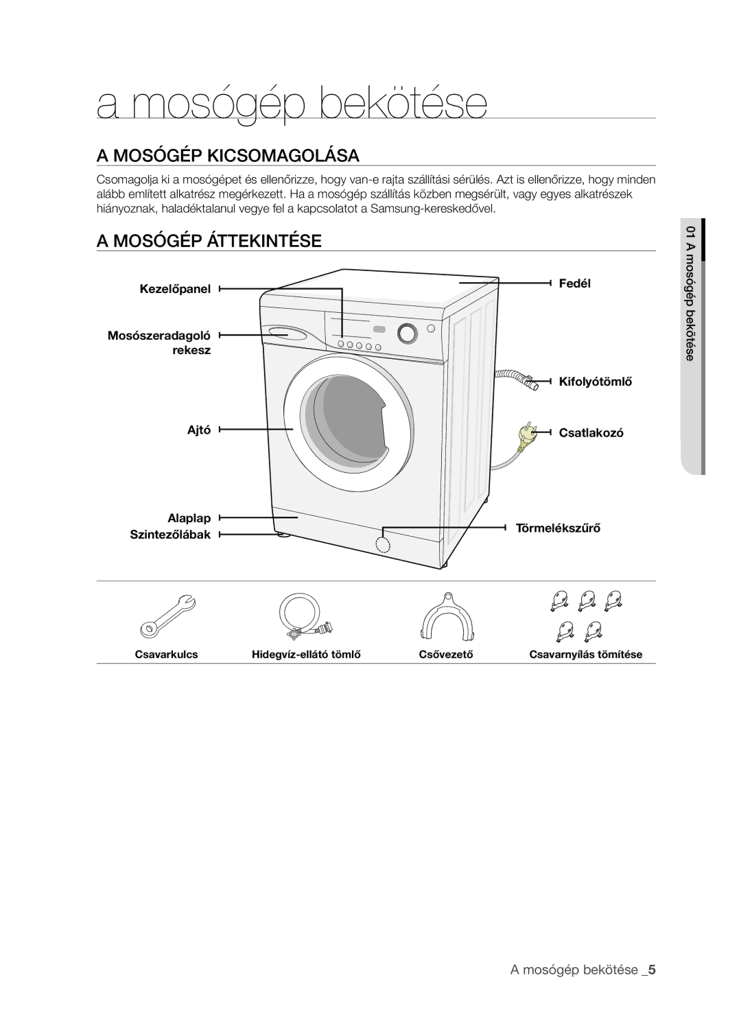 Samsung WF-B1061/YLR, WF-B1061GW/XEH, WF-B1061GW/YLE manual Mosógép bekötése, Mosógép Kicsomagolása, Mosógép Áttekintése 