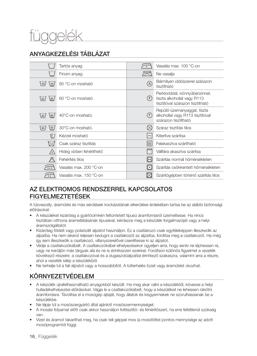 Samsung WF-B1061GW/XEO manual Függelék, Anyagkezelési Táblázat, AZ Elektromos Rendszerrel Kapcsolatos Figyelmeztetések 