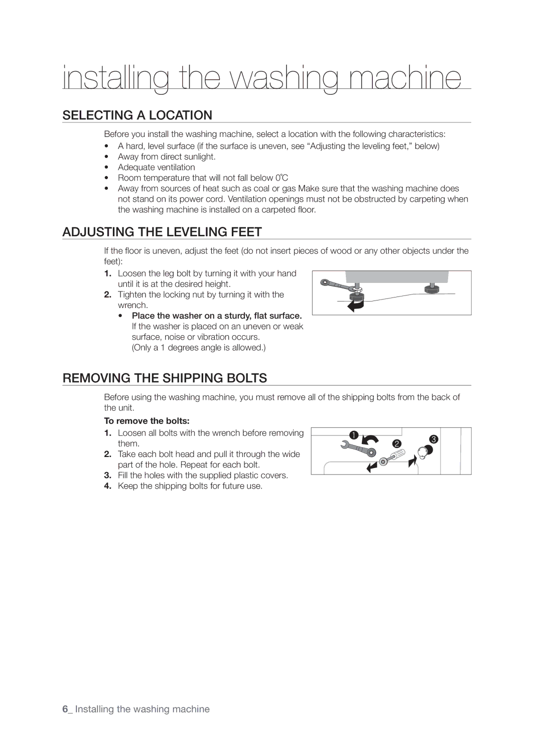 Samsung WF-B1061GW/YLE, WF-B1061/YLR Installing the washing machine, Selecting a Location, Adjusting the Leveling Feet 