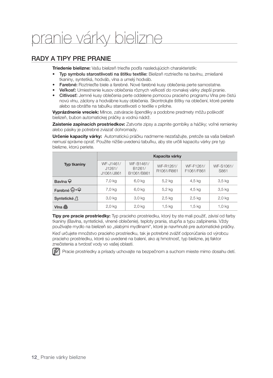 Samsung WF-B1061GW/XEO, WF-B1061/YLR, WF-B1061GW/XEH, WF-B1061GW/YLE manual Rady a Tipy PRE Pranie, Typ tkaniny 