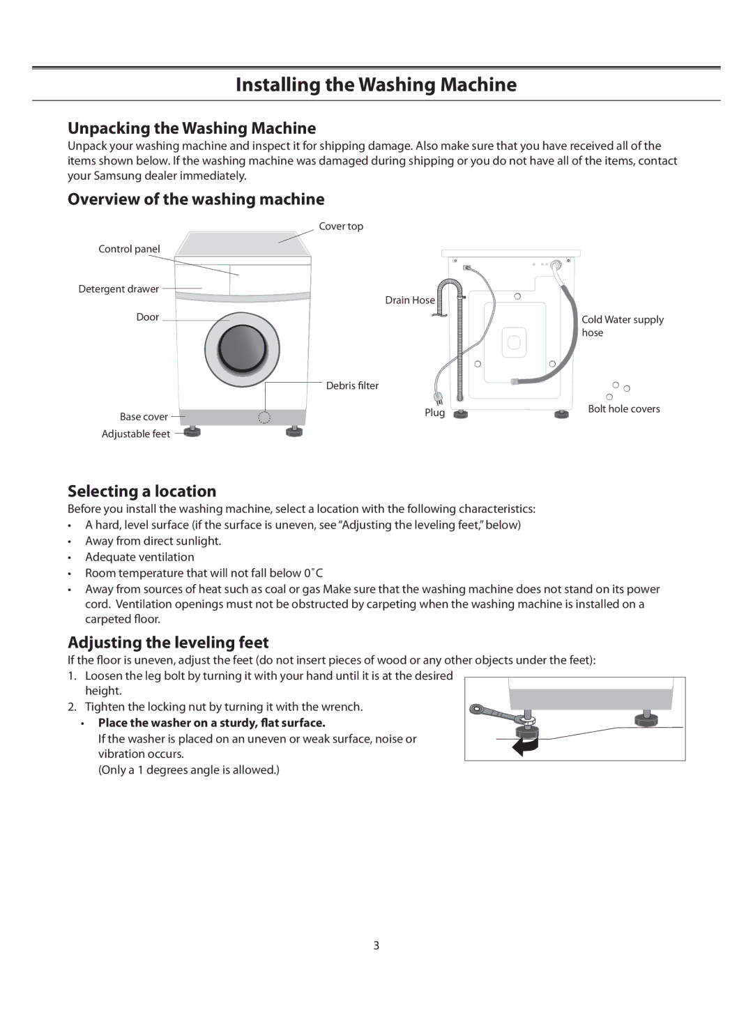 Samsung WF-B1061/YLR manual Installing the Washing Machine, Unpacking the Washing Machine, Overview of the washing machine 