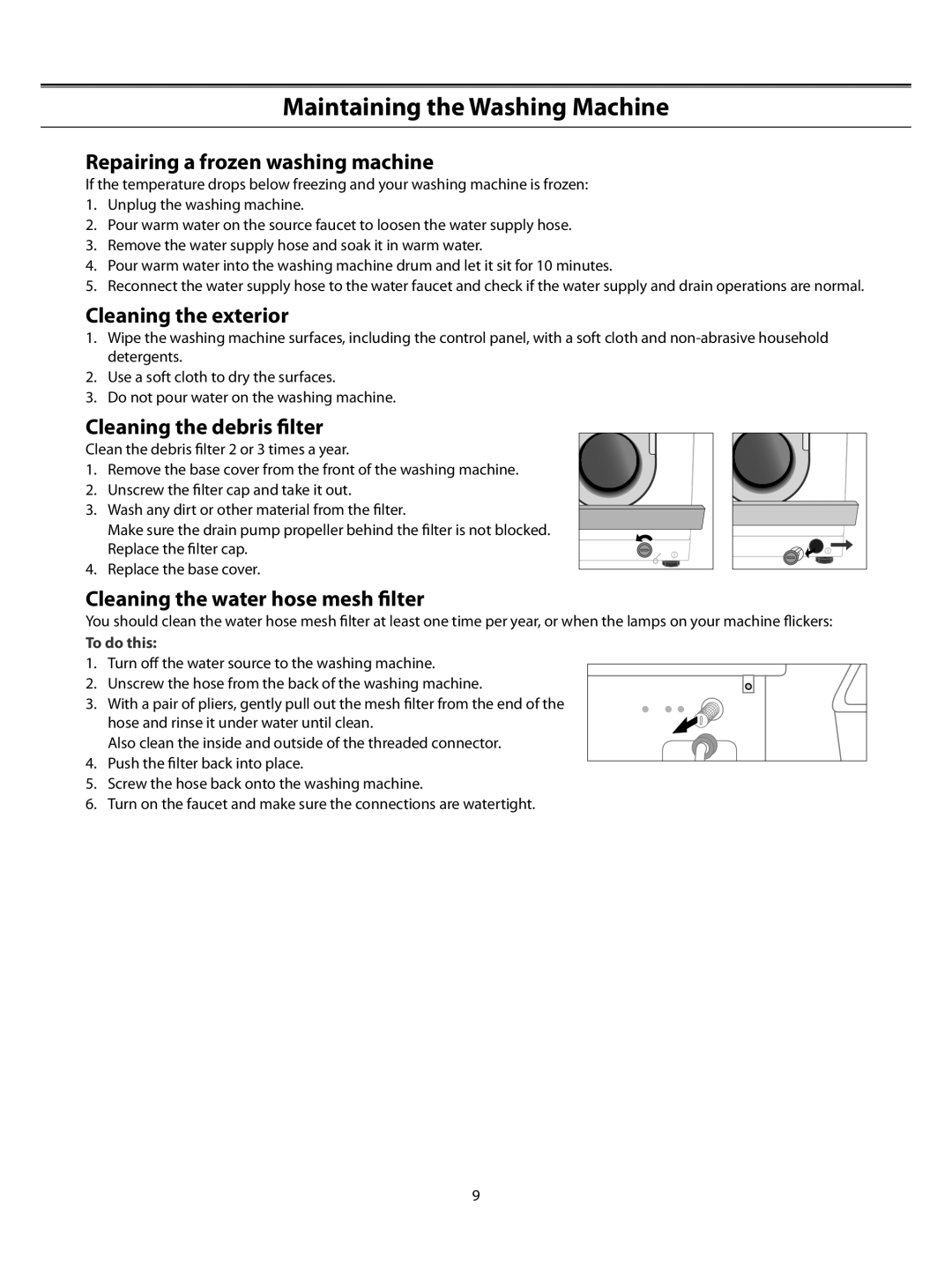 Samsung WF-B1061/YLR manual Maintaining the Washing Machine, Repairing a frozen washing machine, Cleaning the exterior 