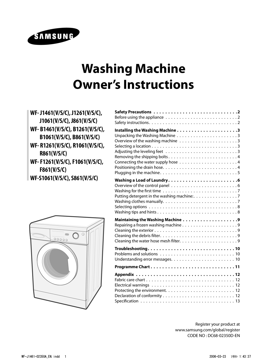 Samsung WF-S861/YLP, WF-B1061/YLR, WF-S1061/YLR, WF-F861/YLP, WF-R1061/YLP manual Washing Machine Owner’s Instructions 