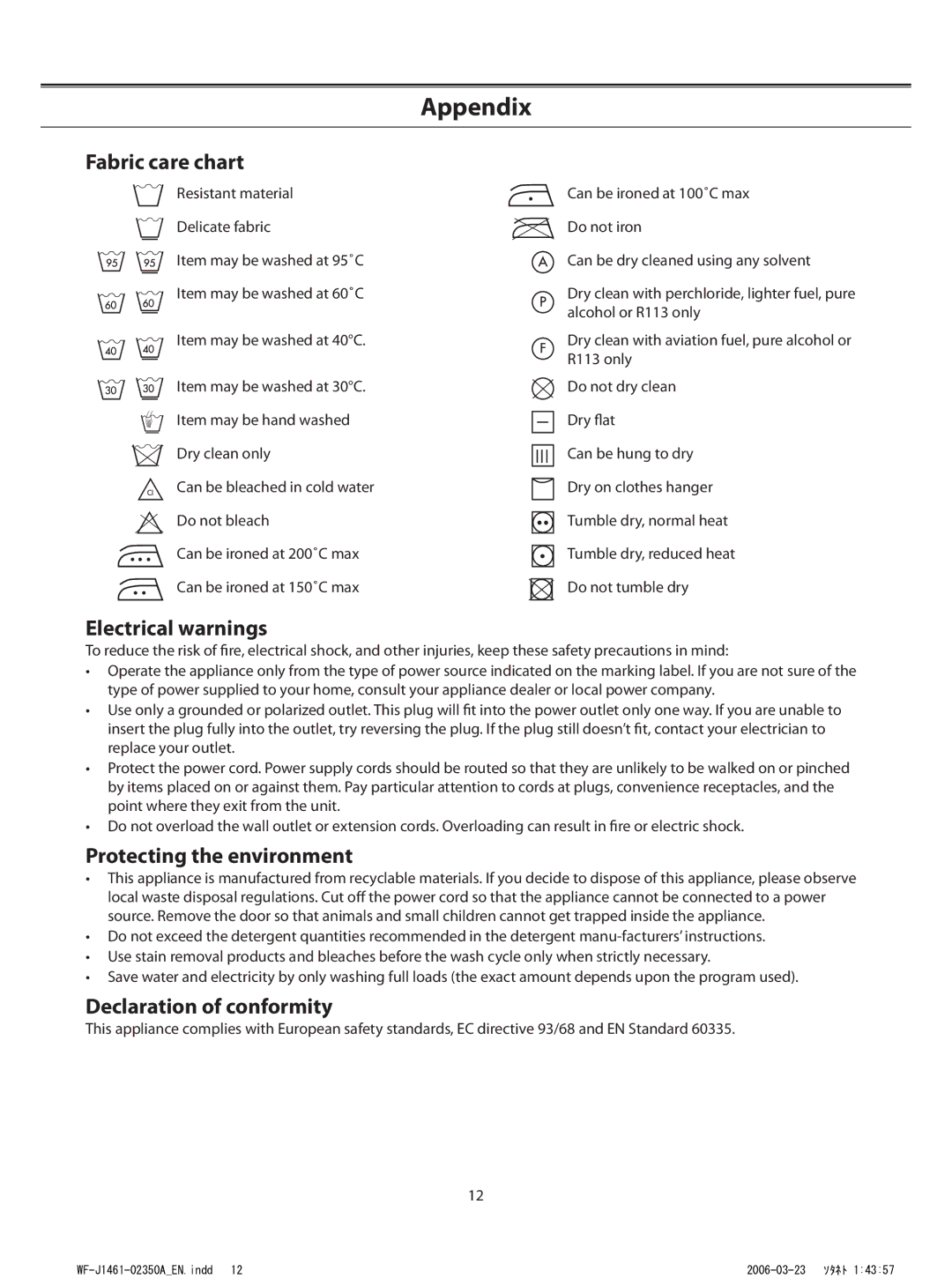 Samsung WF-B1061/YLW, WF-B1061/YLR manual Appendix, Fabric care chart, Electrical warnings, Protecting the environment 