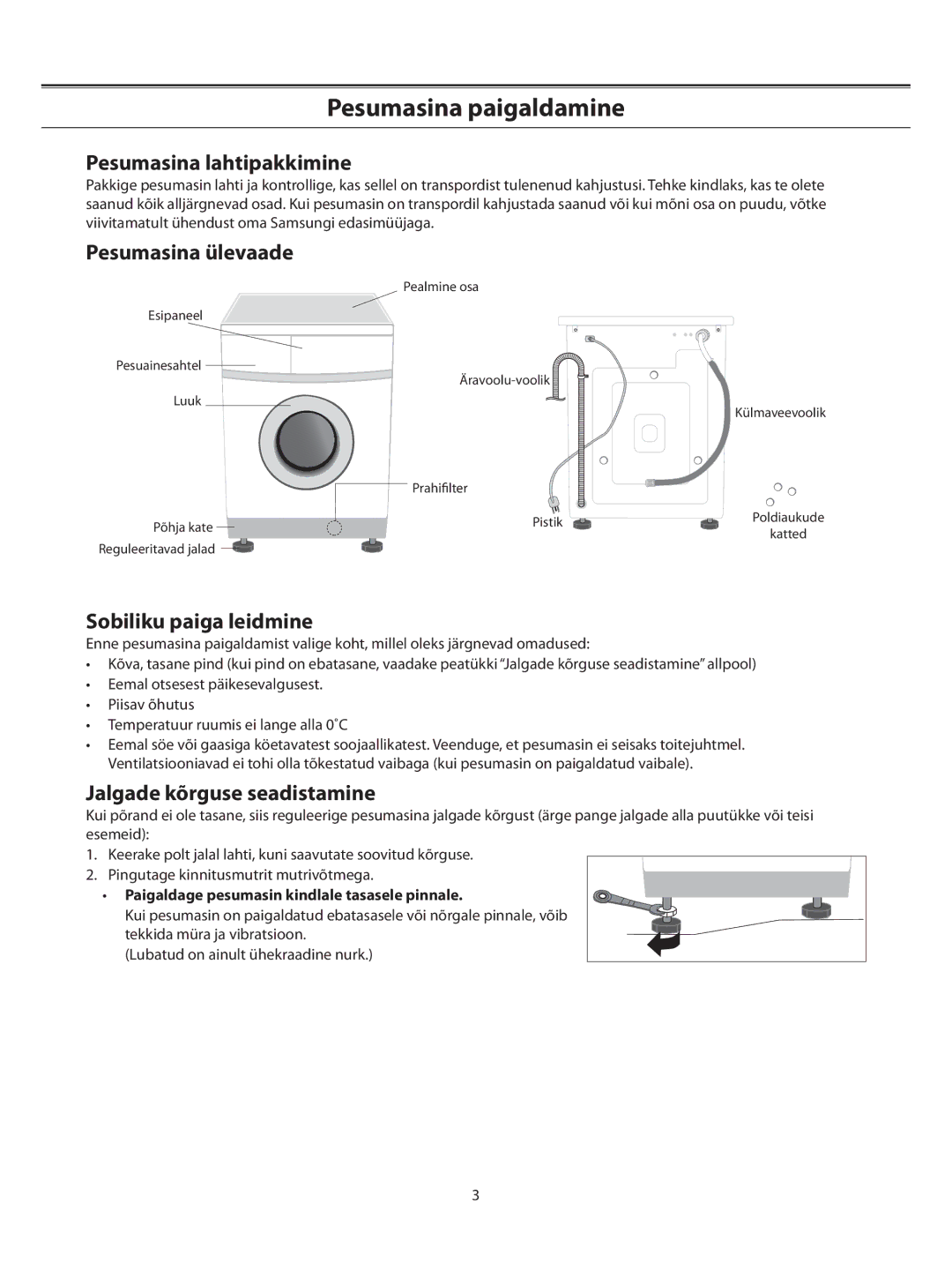 Samsung WF-F861/YLW manual Pesumasina paigaldamine, Pesumasina lahtipakkimine, Pesumasina ülevaade, Sobiliku paiga leidmine 