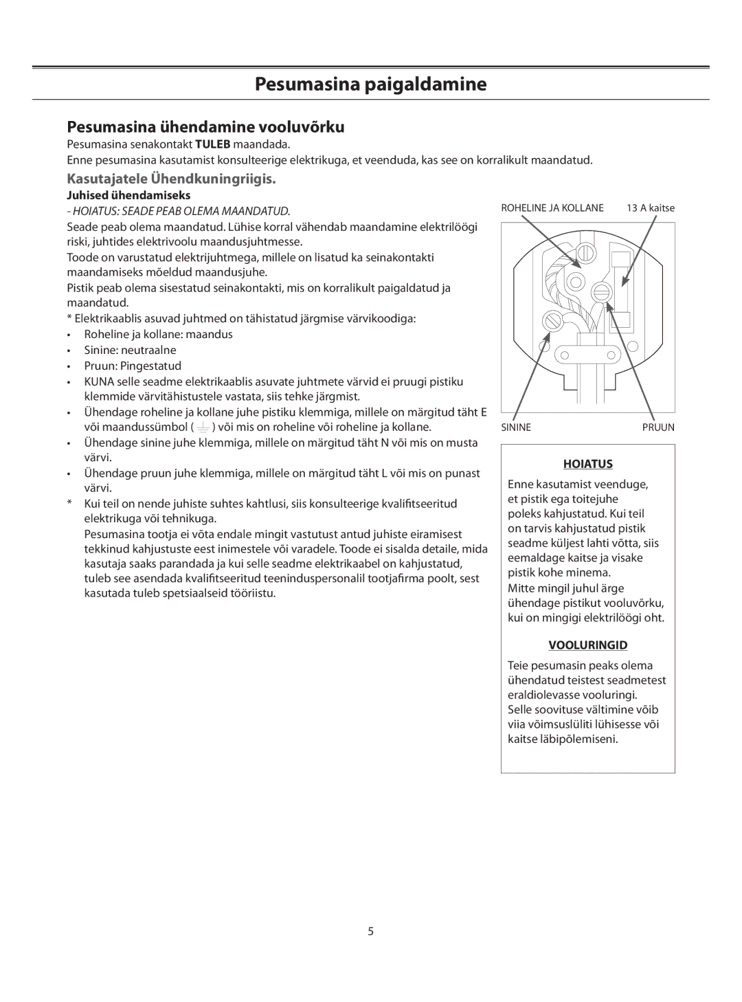 Samsung WF-S1061/YLW, WF-B1061/YLR Pesumasina ühendamine vooluvõrku, Kasutajatele Ühendkuningriigis, Juhised ühendamiseks 