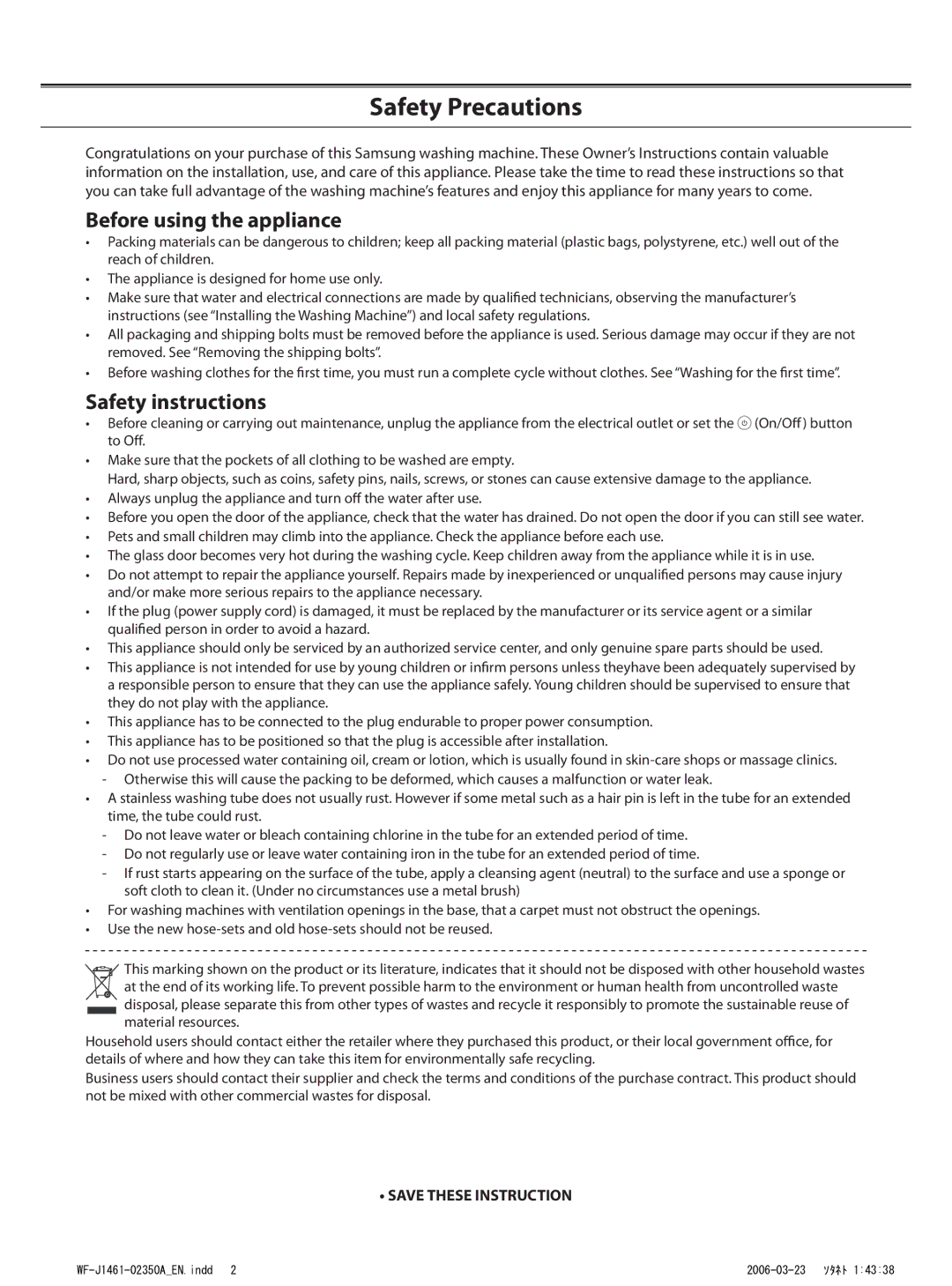 Samsung WF-S1061/YLR, WF-B1061/YLR, WF-S861/YLP manual Safety Precautions, Before using the appliance, Safety instructions 