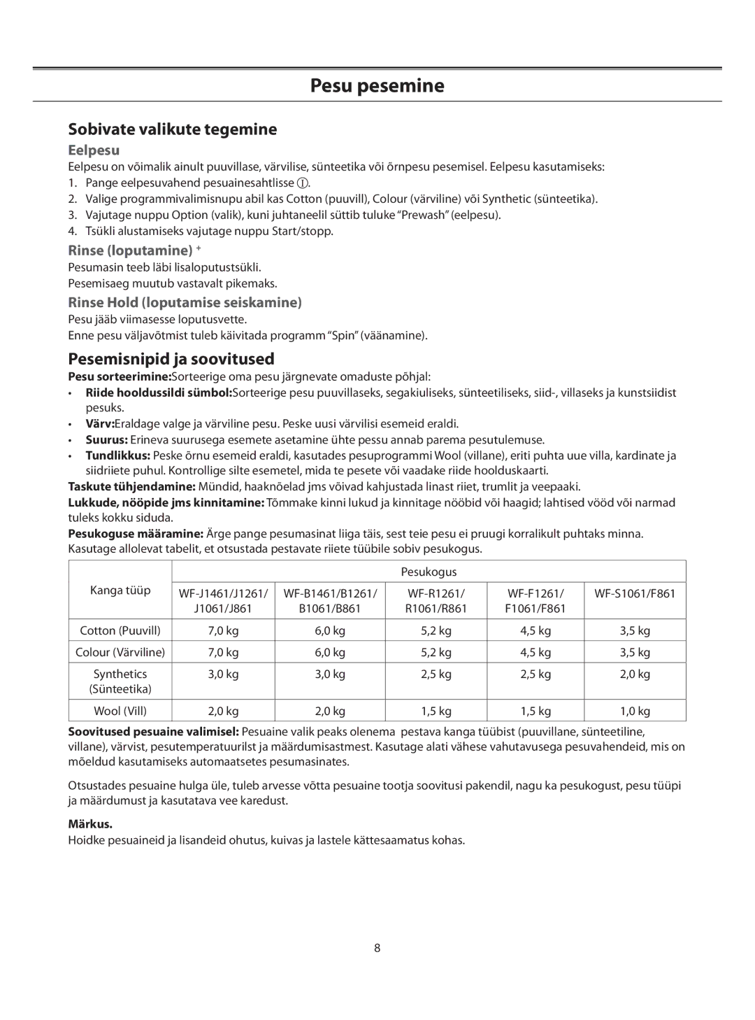 Samsung WF-S861/YLP, WF-B1061/YLR manual Sobivate valikute tegemine, Pesemisnipid ja soovitused, Eelpesu, Rinse loputamine + 