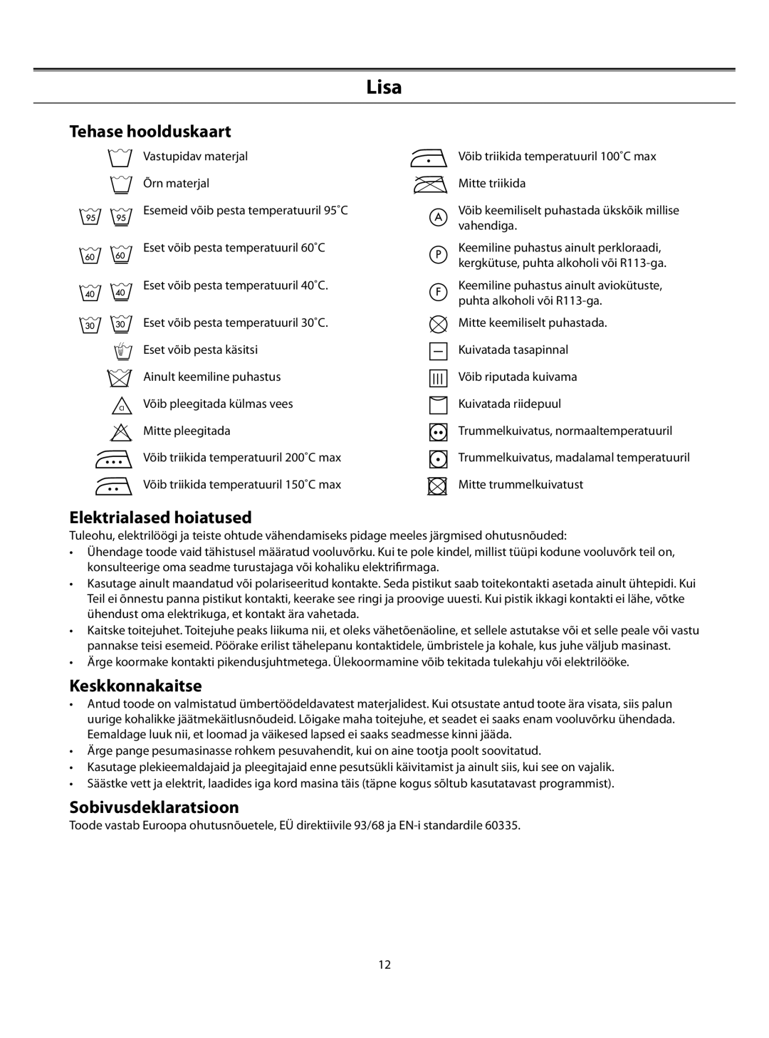 Samsung WF-R1061/YLR manual Lisa, Tehase hoolduskaart, Elektrialased hoiatused, Keskkonnakaitse, Sobivusdeklaratsioon 