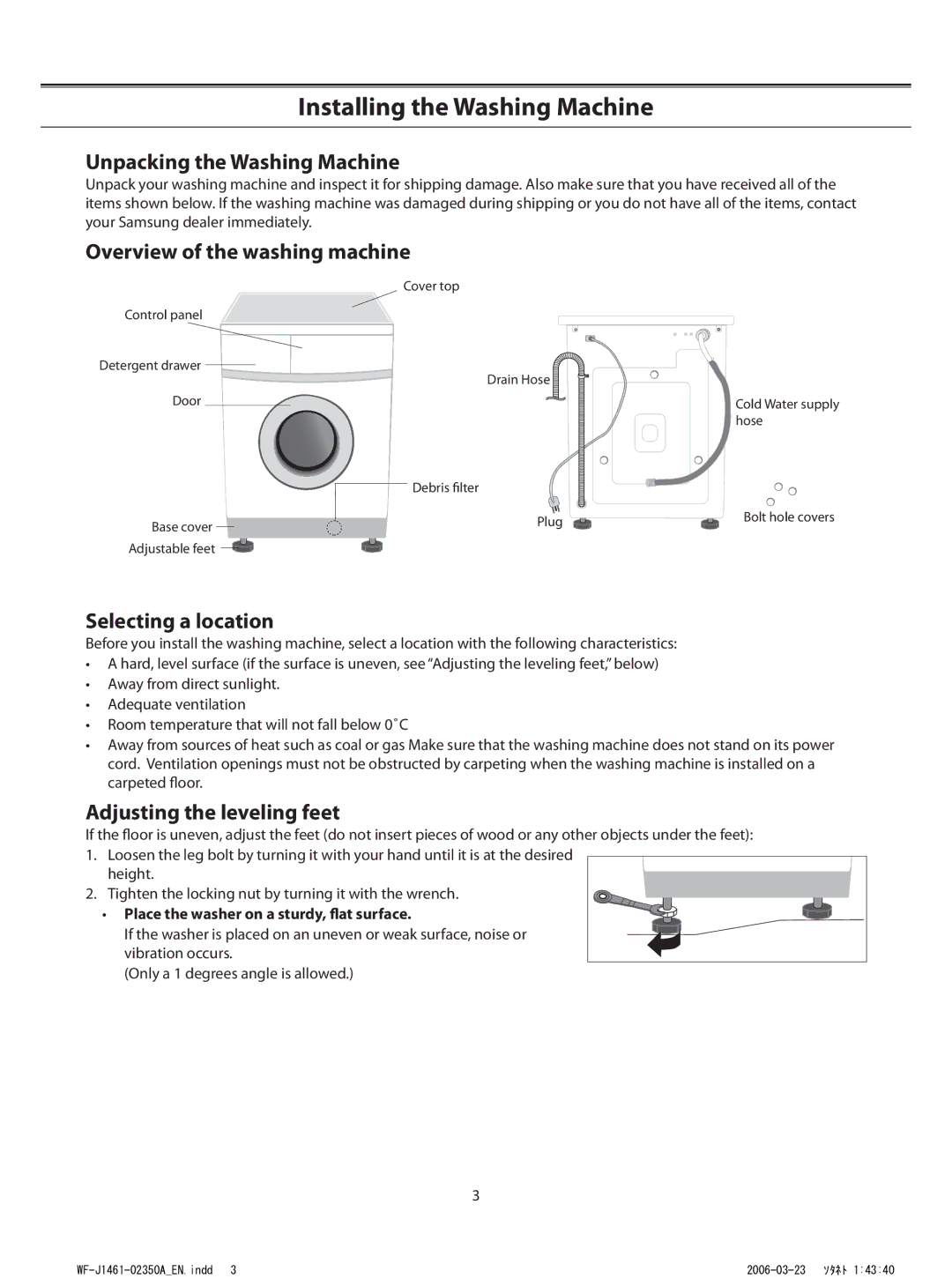 Samsung WF-F861/YLP manual Installing the Washing Machine, Unpacking the Washing Machine, Overview of the washing machine 