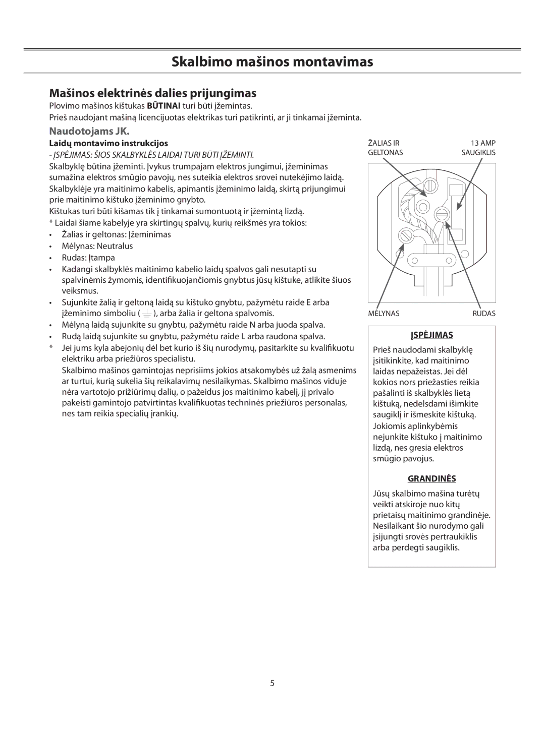 Samsung WF-B1061/YLW, WF-B1061/YLR Mašinos elektrinės dalies prijungimas, Naudotojams JK, Laidų montavimo instrukcijos 