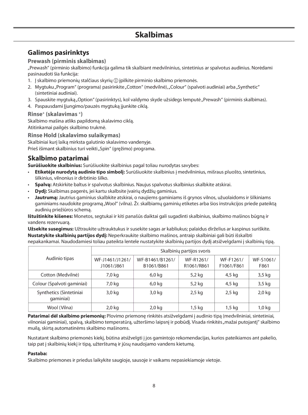Samsung WF-F1061/YLP, WF-S861/YLP Galimos pasirinktys, Skalbimo patarimai, Prewash pirminis skalbimas, Rinse+ skalavimas + 