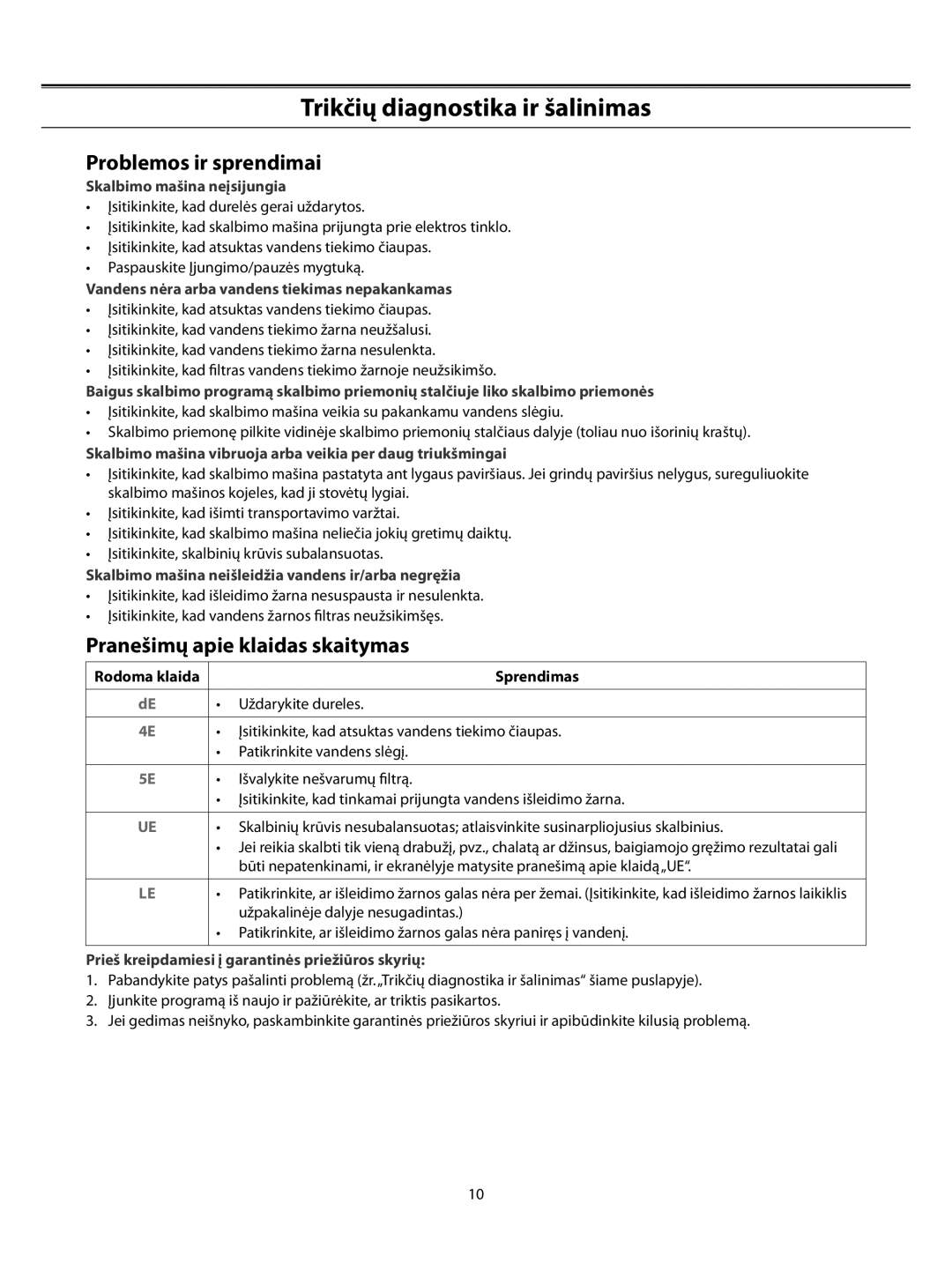 Samsung WF-F861/YLW manual Trikčių diagnostika ir šalinimas, Problemos ir sprendimai, Pranešimų apie klaidas skaitymas 