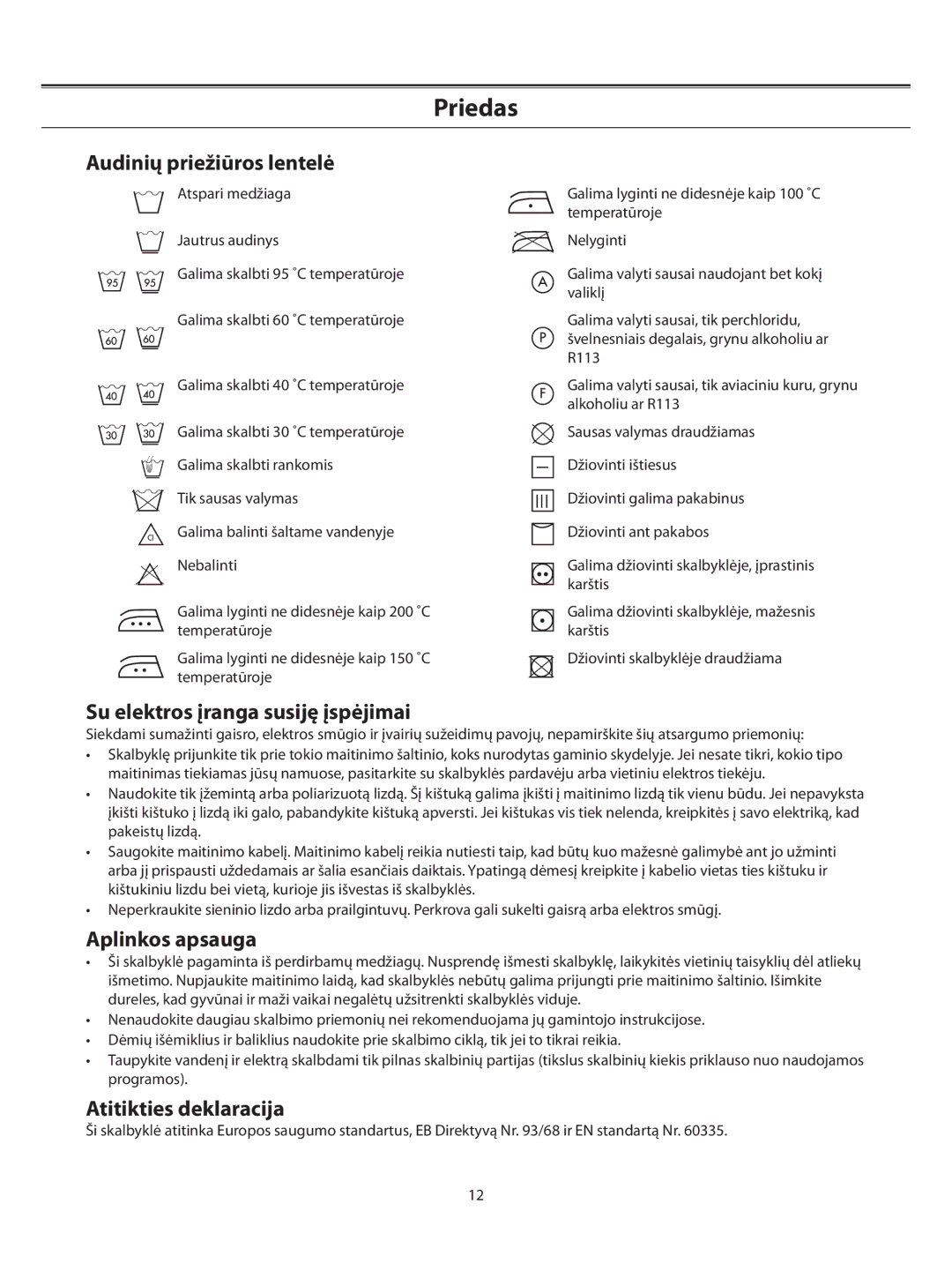 Samsung WF-S1061/YLW manual Priedas, Audinių priežiūros lentelė, Su elektros įranga susiję įspėjimai, Aplinkos apsauga 