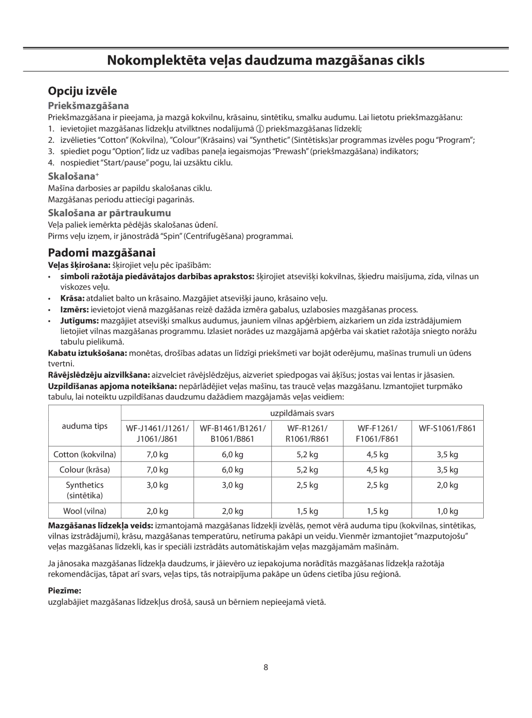 Samsung WF-F861/YLR, WF-B1061/YLR Opciju izvēle, Padomi mazgāšanai, Priekšmazgāšana, Skalošana+, Skalošana ar pārtraukumu 