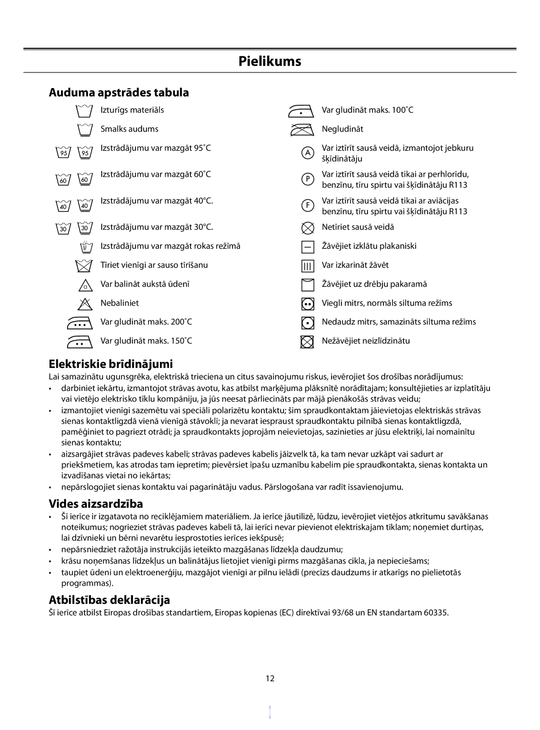 Samsung WF-B1061/YLW, WF-B1061/YLR manual Pielikums, Auduma apstrādes tabula, Elektriskie brīdinājumi, Vides aizsardzība 