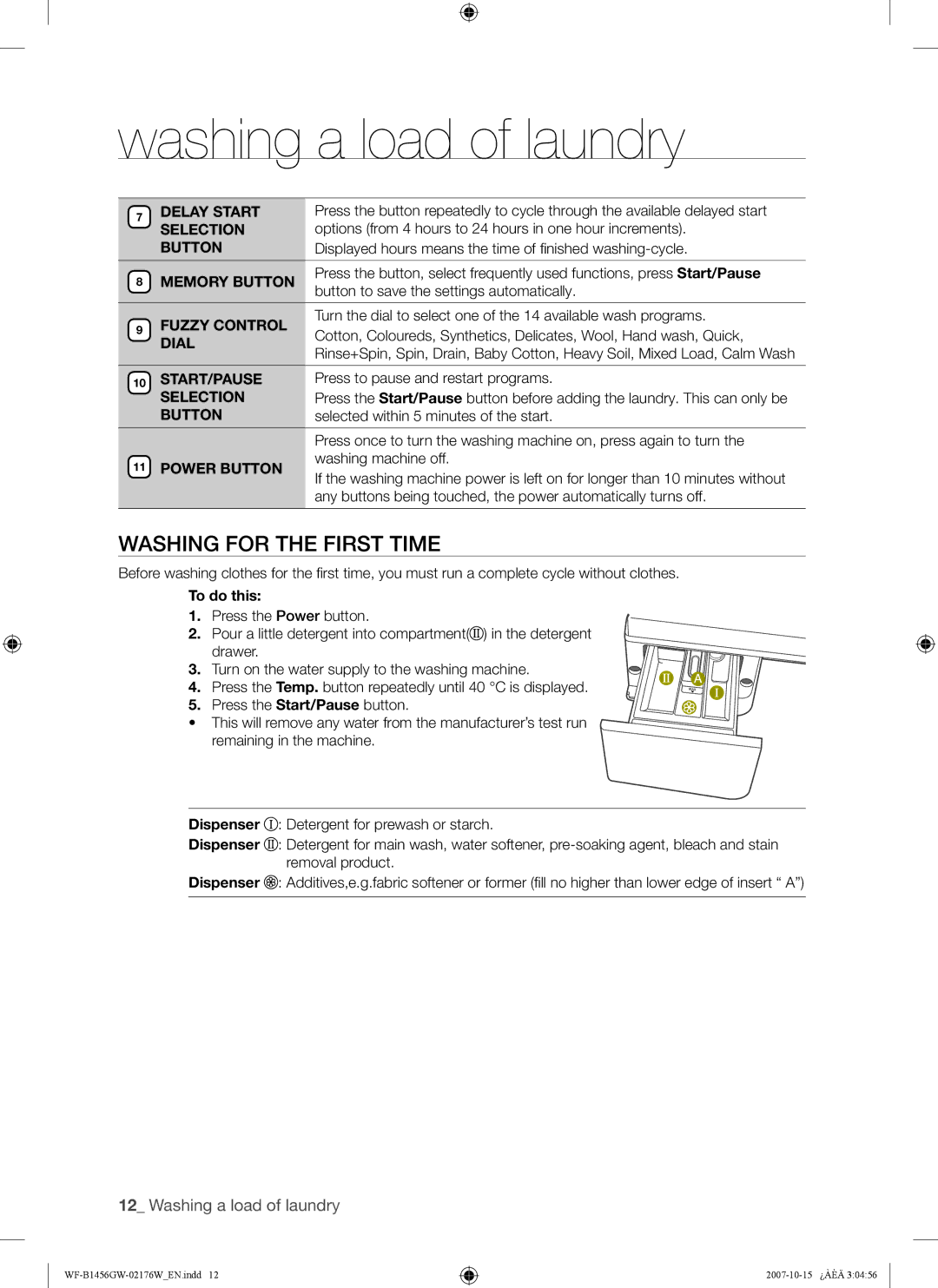 Samsung WF-B1256GW/YLE, WF-B1456GW/YLE manual Washing for the First Time 