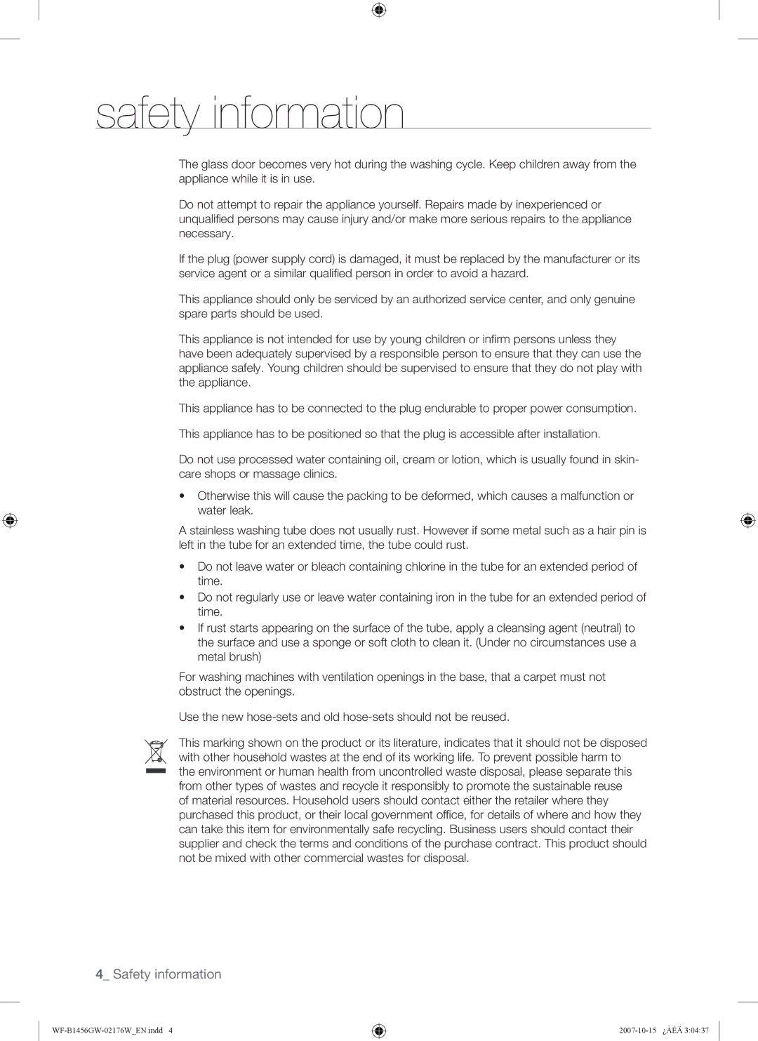 Samsung WF-B1256GW/YLE, WF-B1456GW/YLE manual Safety information 