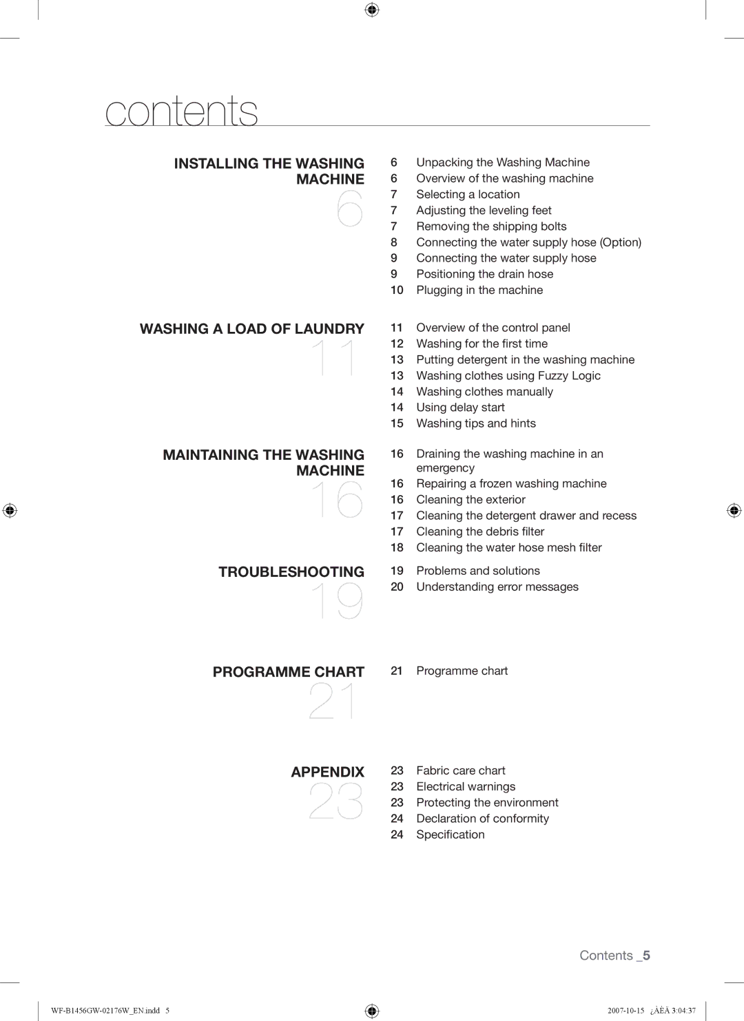 Samsung WF-B1456GW/YLE, WF-B1256GW/YLE manual Contents 